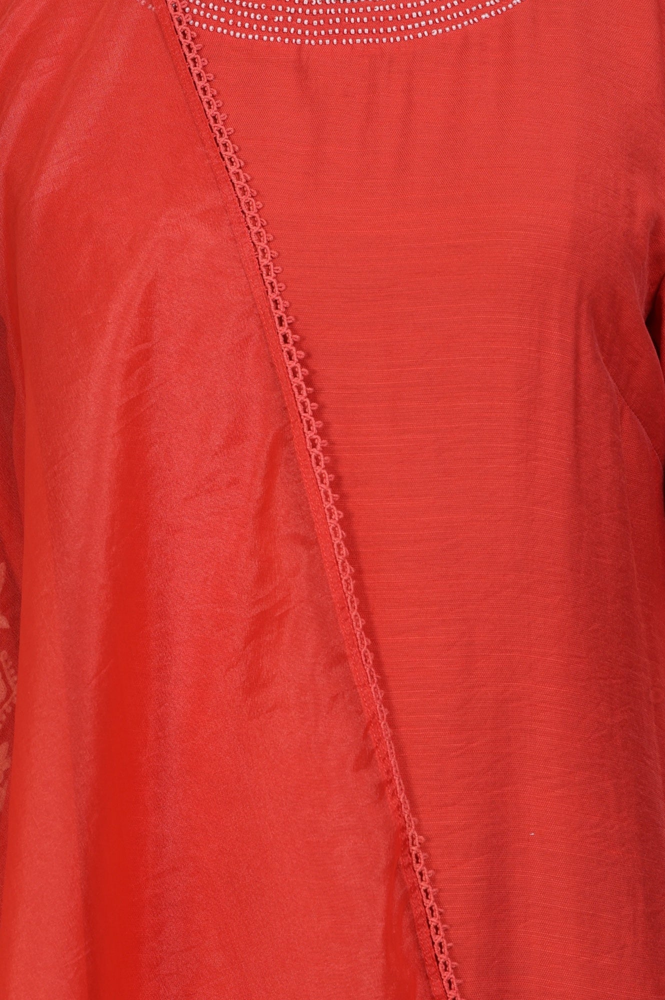 Red Thread Embroidered Straight Kurta with Flared Pants and Dupatta Set