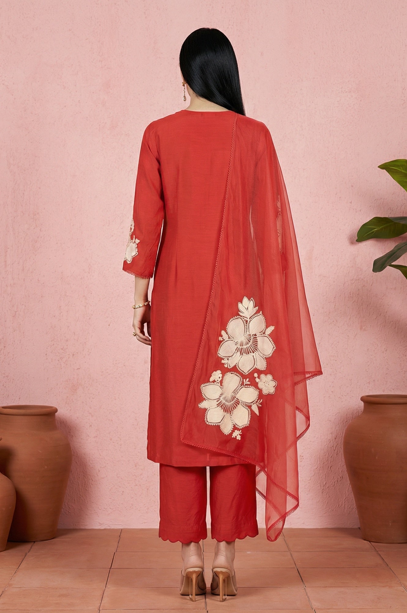 Red Thread Embroidered Straight Kurta with Flared Pants and Dupatta Set