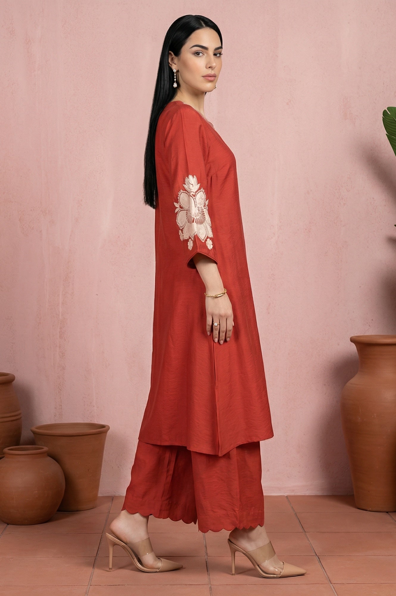 Red Thread Embroidered Straight Kurta with Flared Pants and Dupatta Set