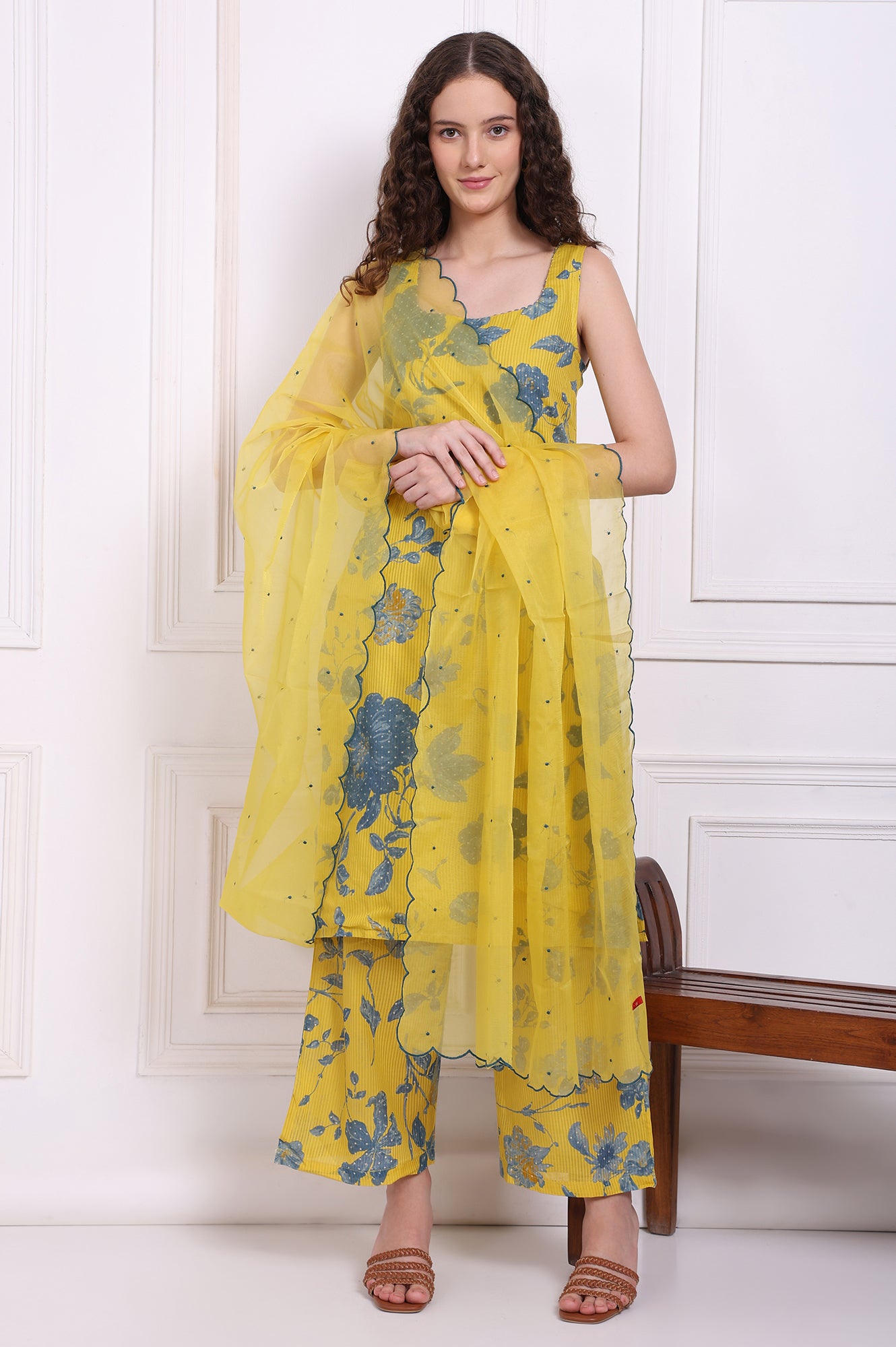 Yellow Bold Floral Printed Pure Cotton Straight Kurta, Parallel Pants and Dupatta Set