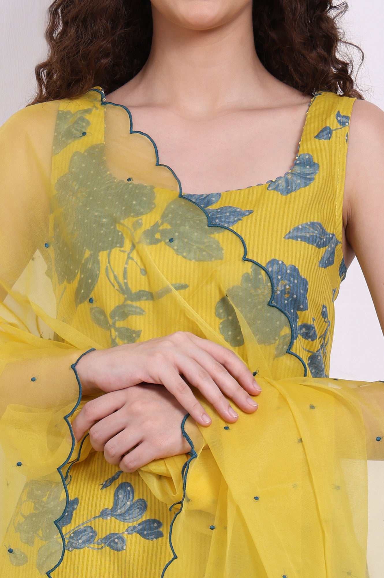 Yellow Bold Floral Printed Pure Cotton Straight Kurta, Parallel Pants and Dupatta Set