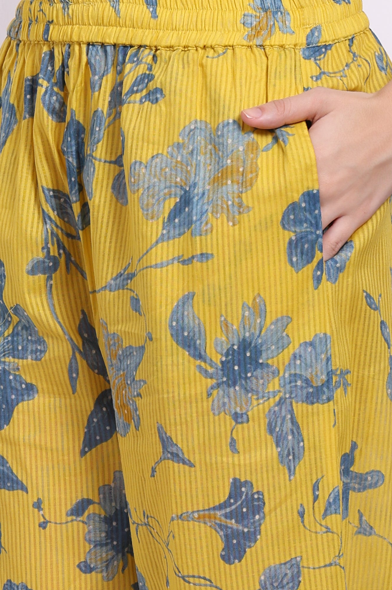 Yellow Bold Floral Printed Pure Cotton Straight Kurta, Parallel Pants and Dupatta Set