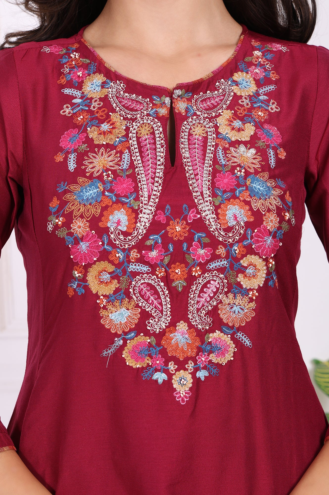 Maroon Embroidered Flared Kurta