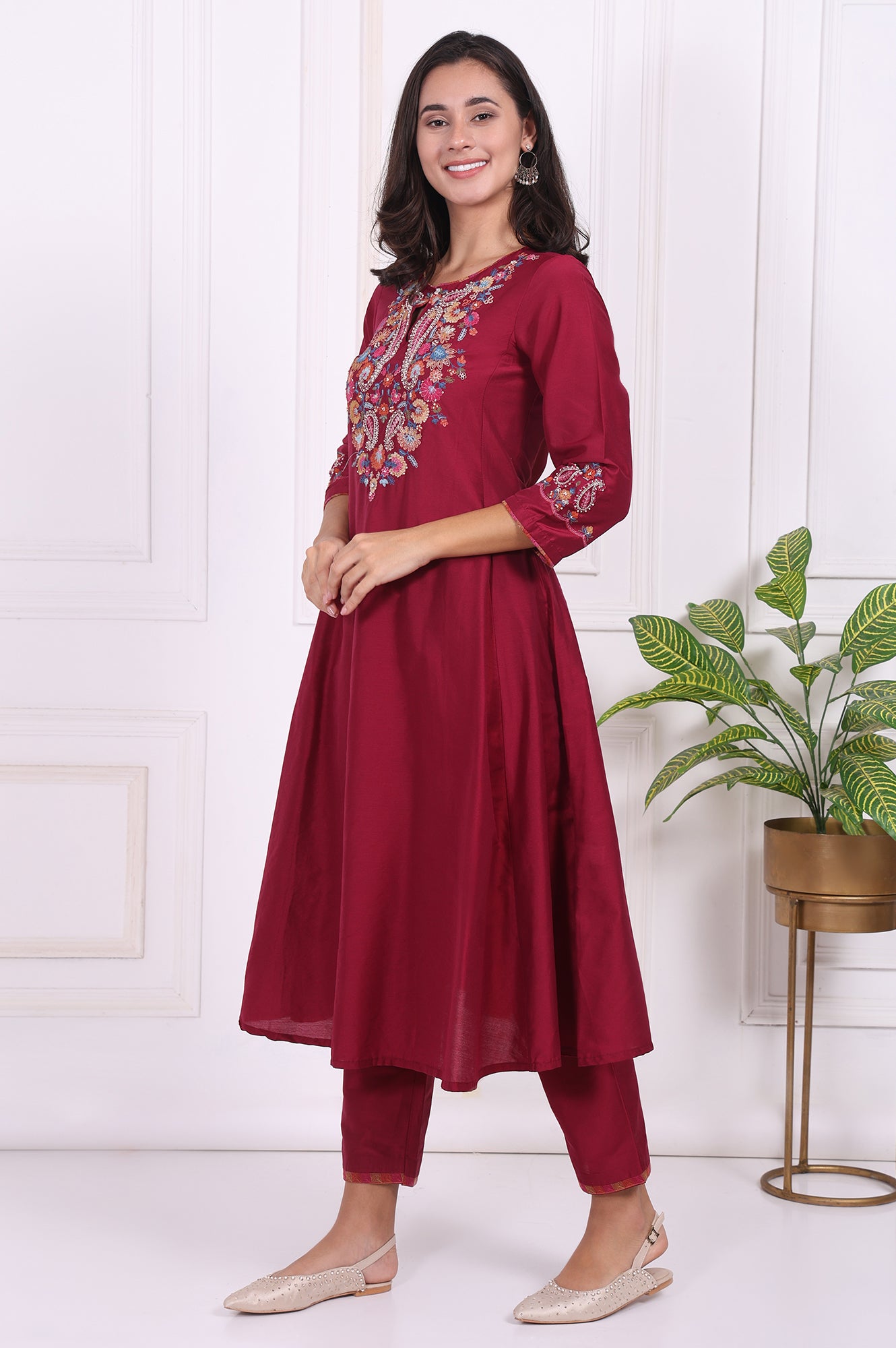 Maroon Embroidered Flared Kurta