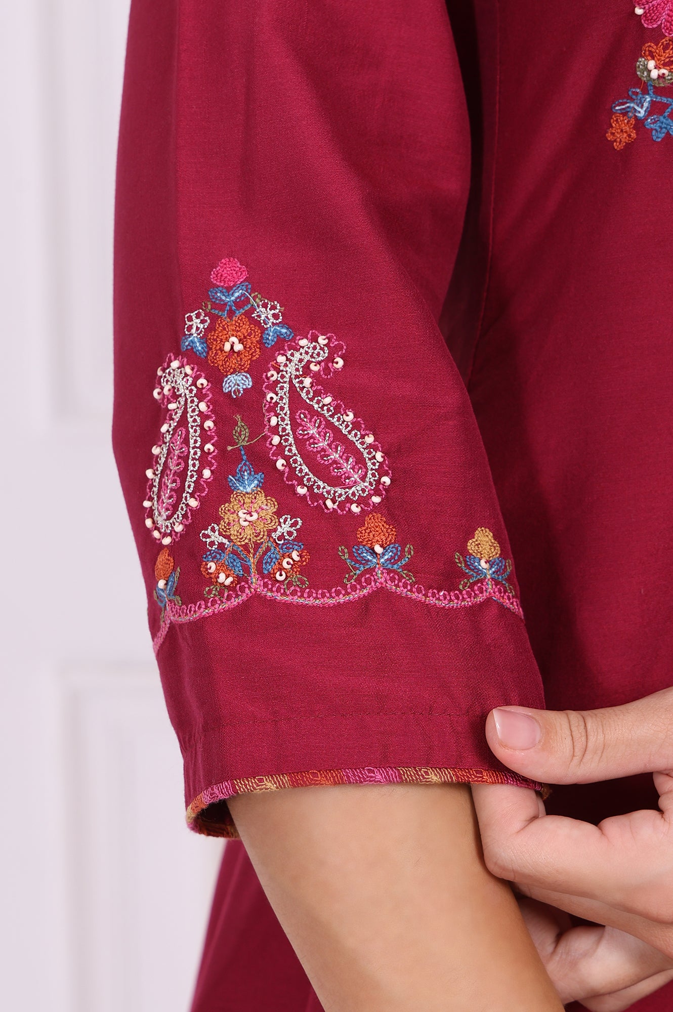 Maroon Embroidered Straight Kurta and Pants Co-ord Set