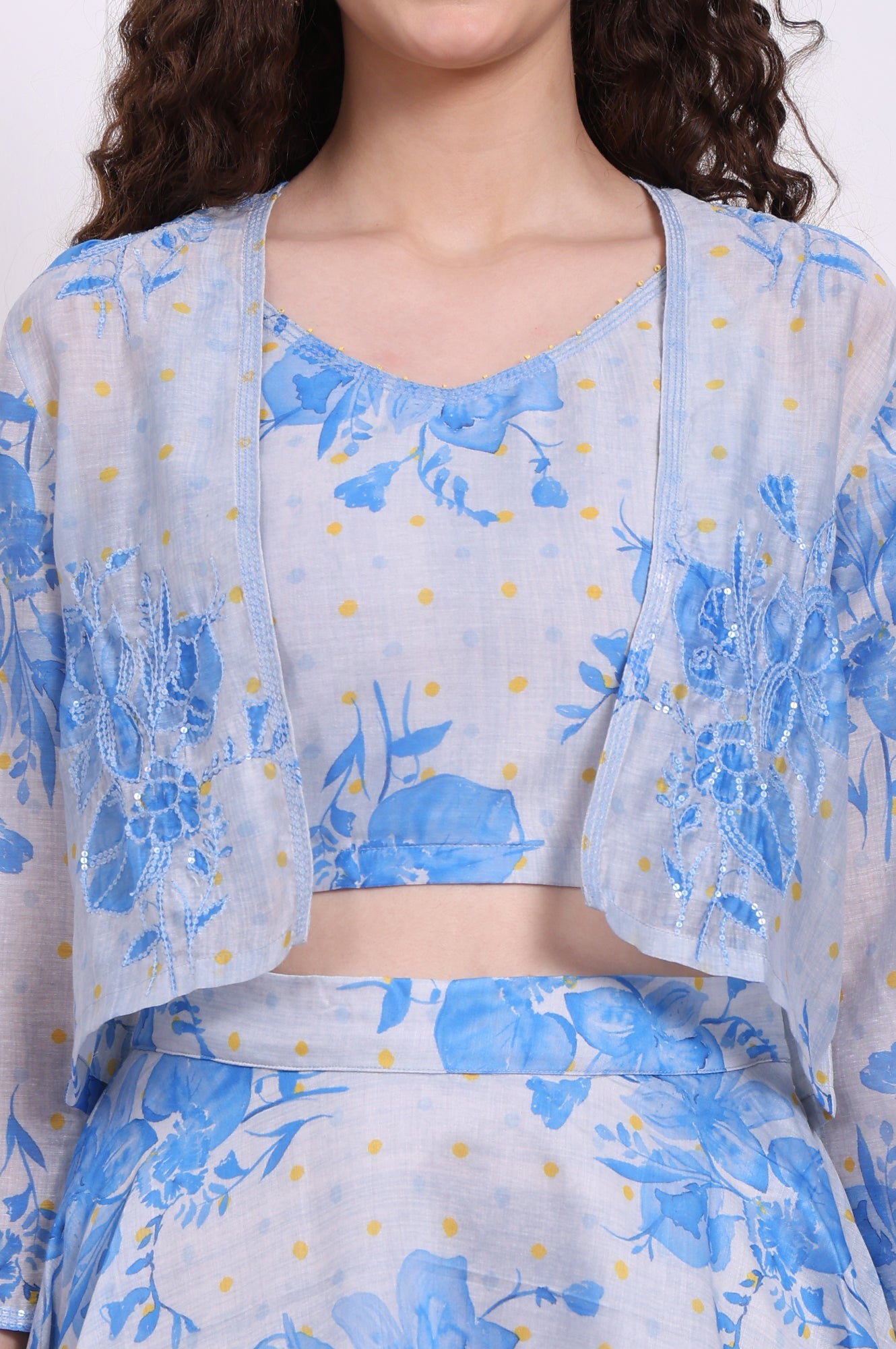 Dusty Blue Spaghetti Crop Top, Embroidered Jacket and Skirt Set