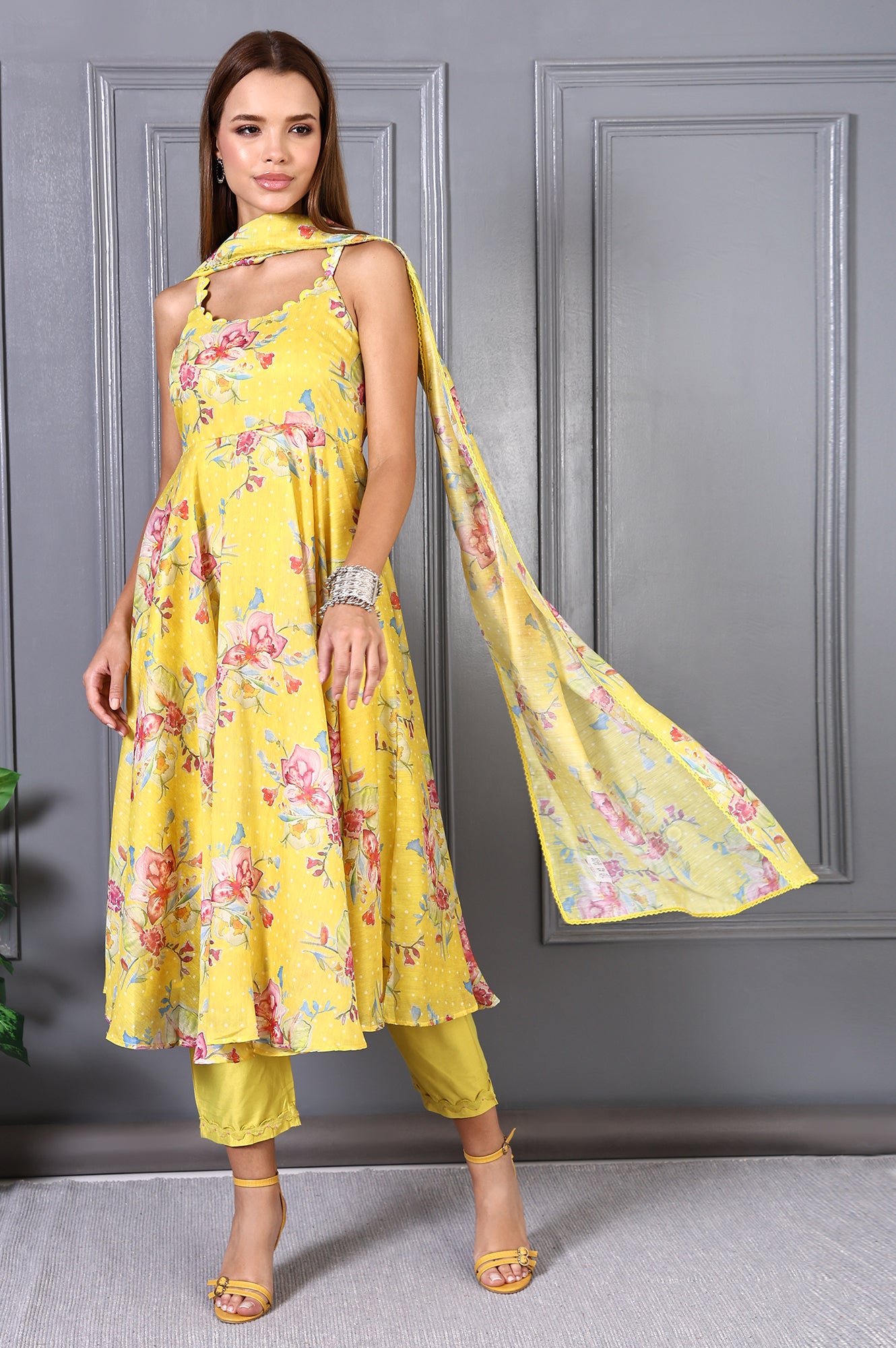 Yellow Floral Printed Beads Chanderi Flared Spaghetti Kurta, Pants and Dupatta Set