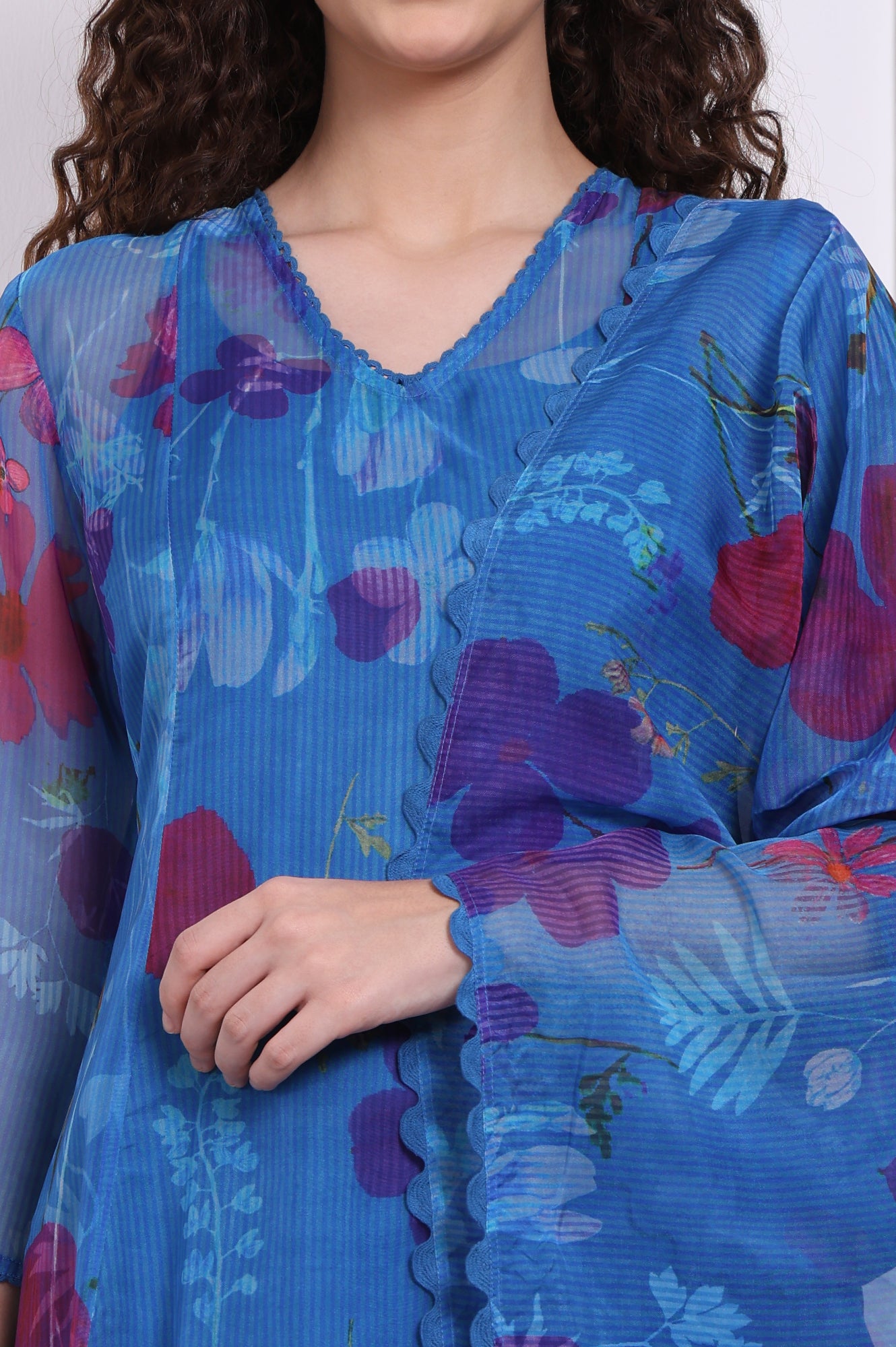 Blue Floral Printed Organza Flared Kurta, Pants and Dupatta Set