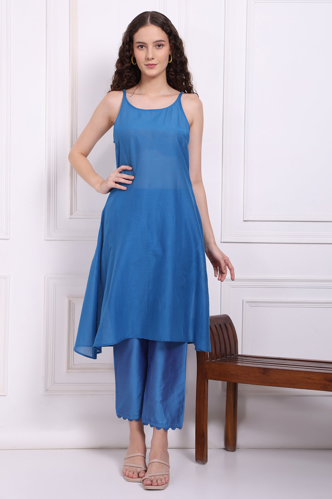 Blue Floral Printed Organza Flared Kurta, Pants and Dupatta Set