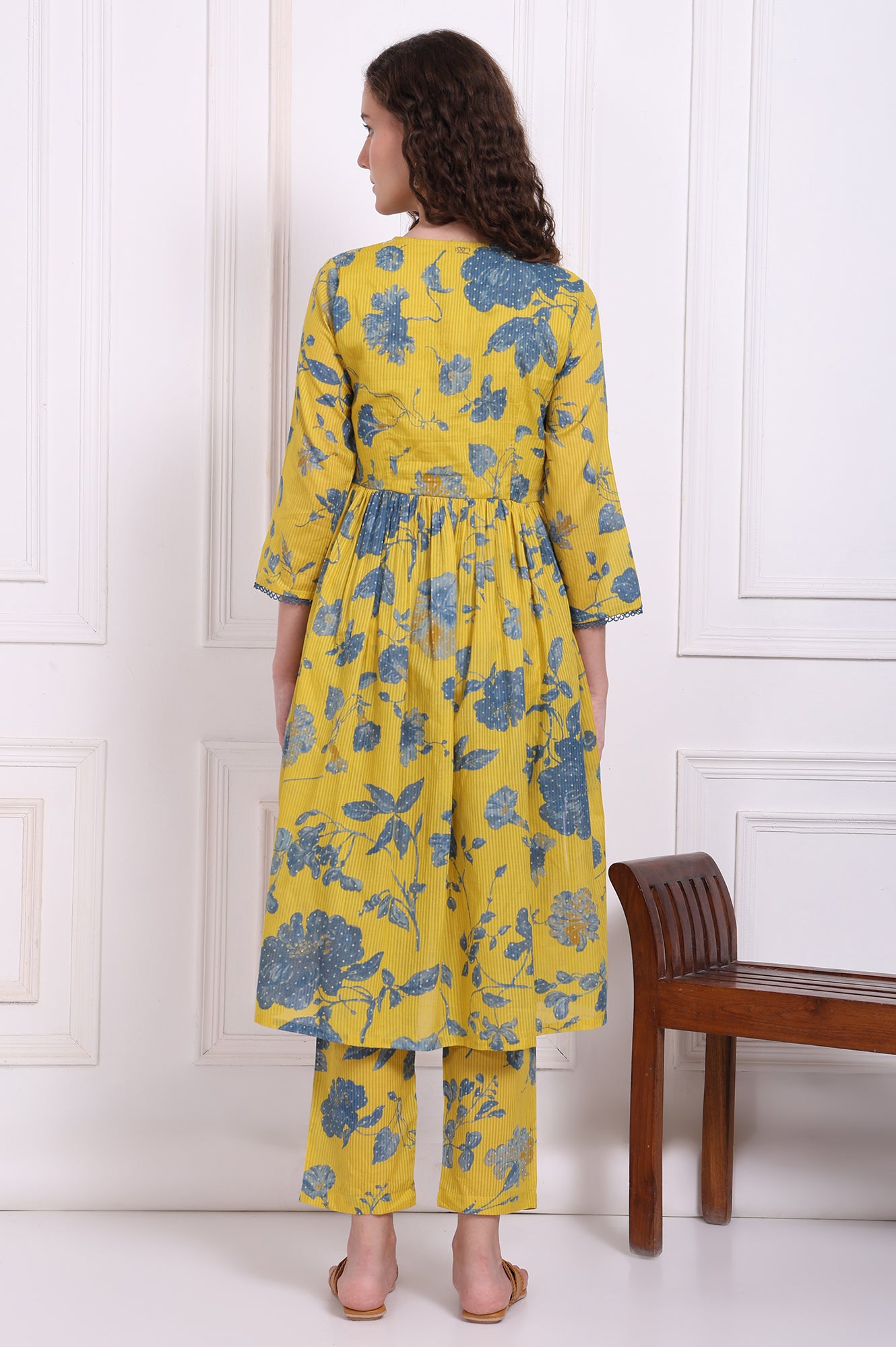 Yellow Bold Floral Printed Pure Cotton Flared Kurta and Pants Co-ord Set