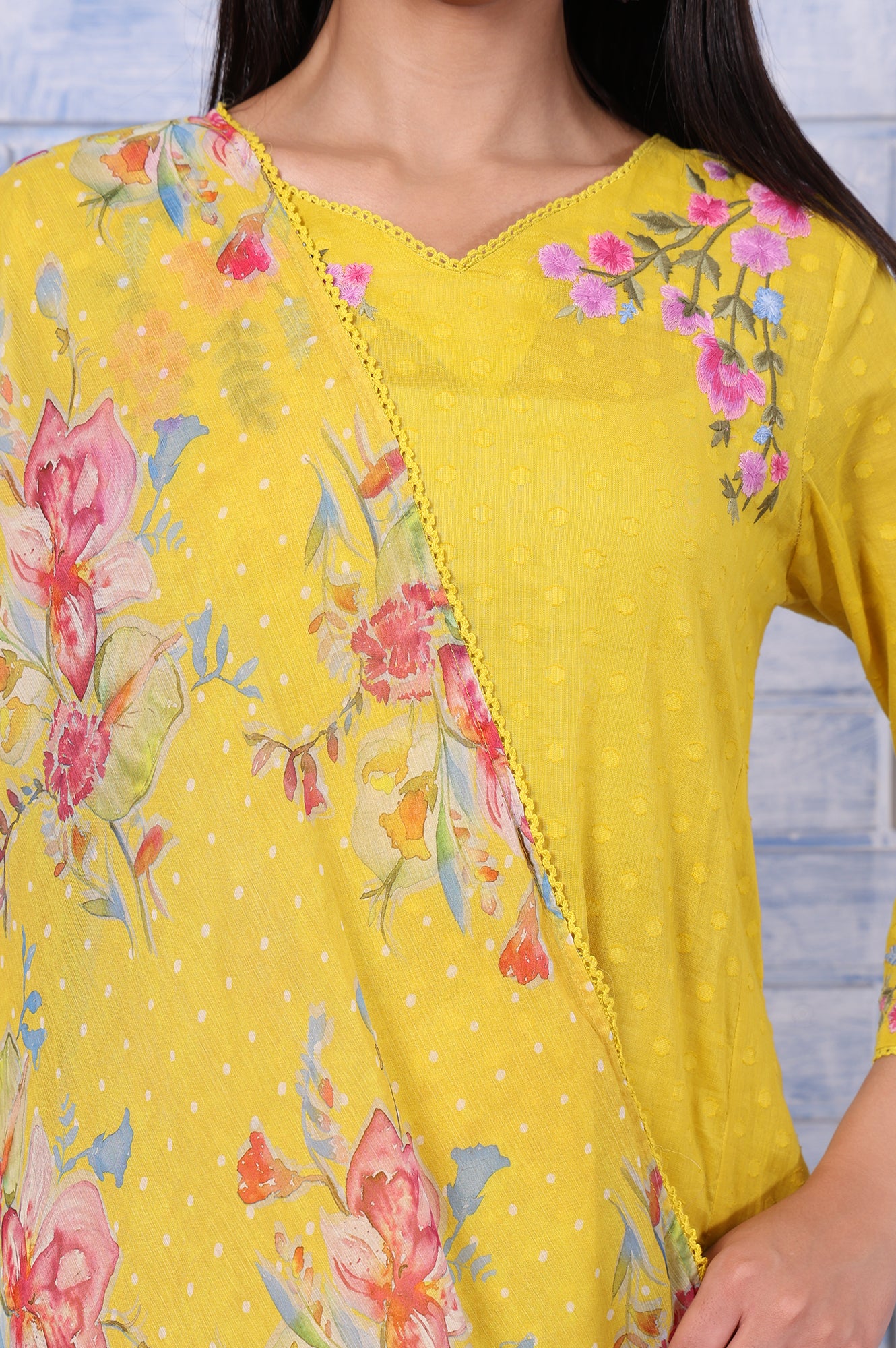 Yellow Polka Printed Thread Embroidered Cotton Dot Texture A-Line Kurta, Straight Pant And Dupatta Set