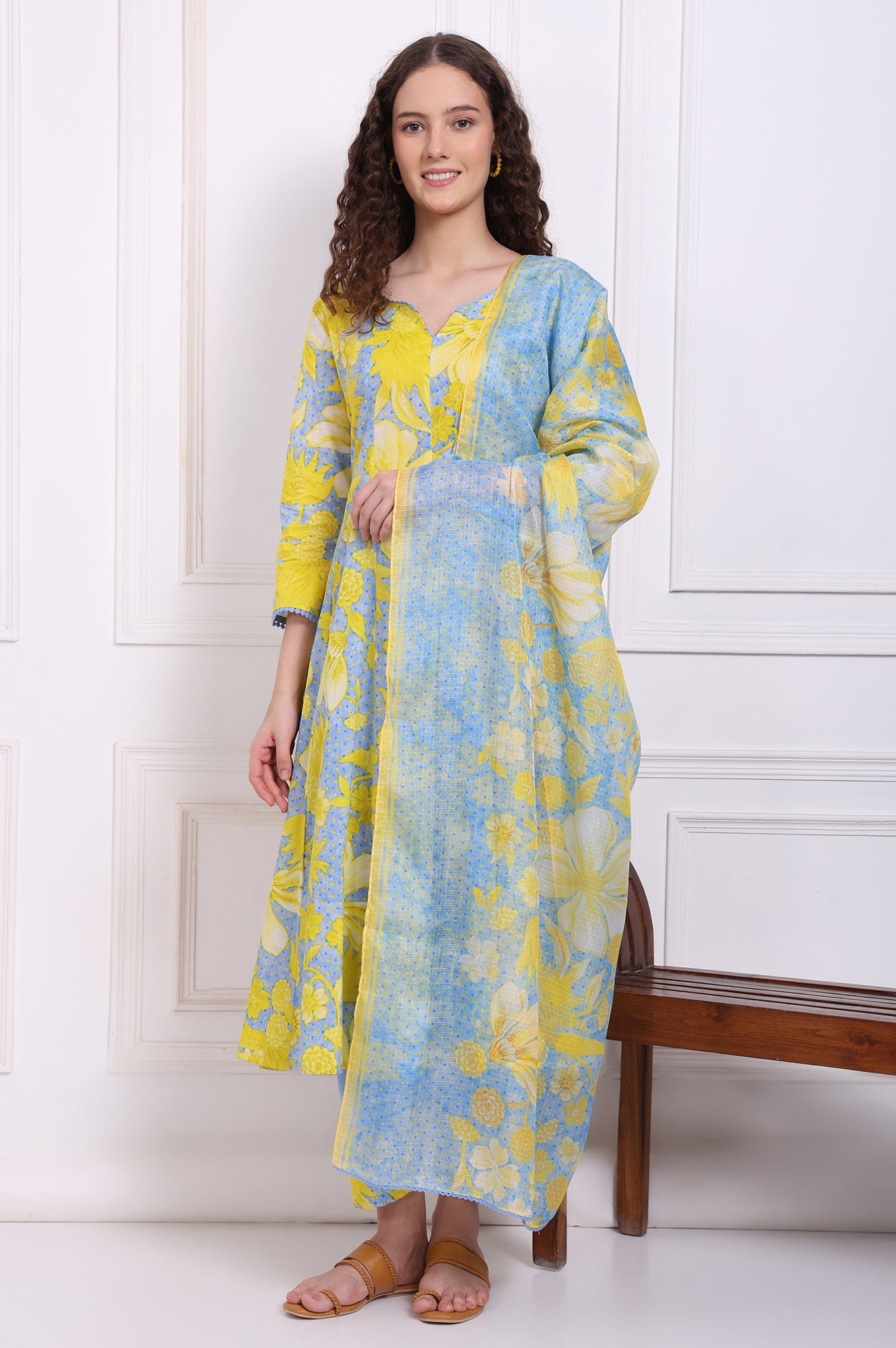 Blue Bold Floral Printed Pure Cotton Flared Kurta, Straight Pants and Dupatta Set