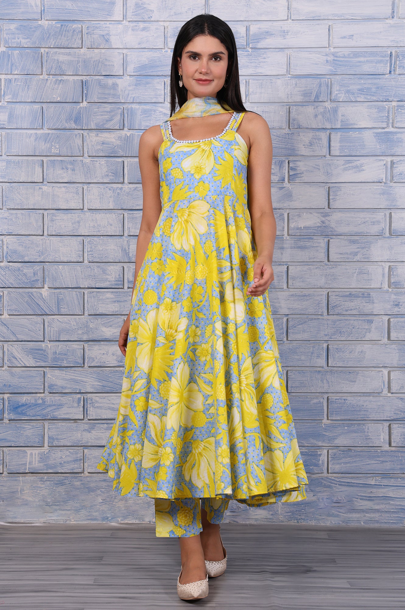 Blue Floral Printed Lace Pure Cotton Flared Kurta, Straight Pant And Dupatta Set