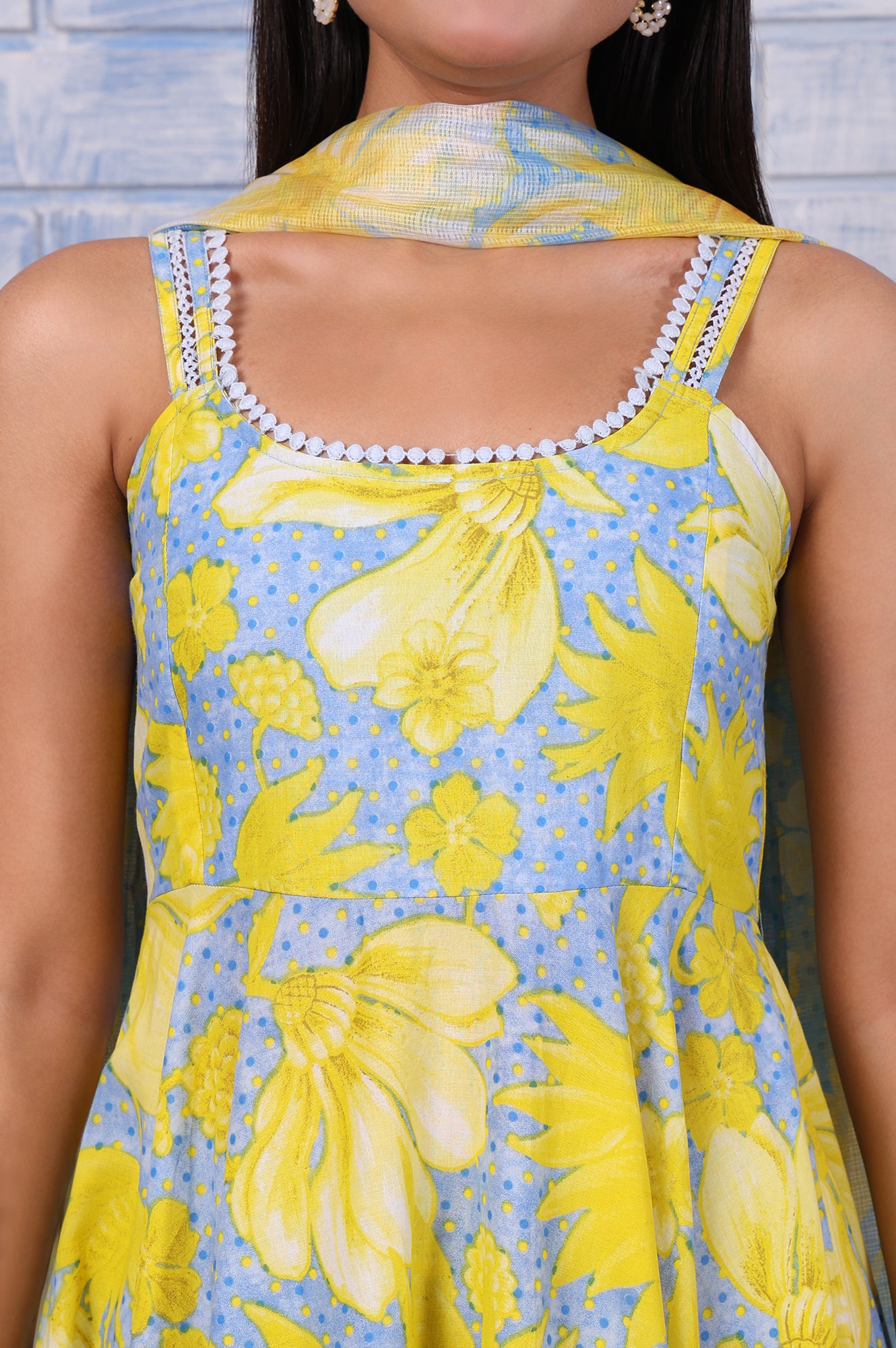 Blue Floral Printed Lace Pure Cotton Flared Kurta, Straight Pant And Dupatta Set