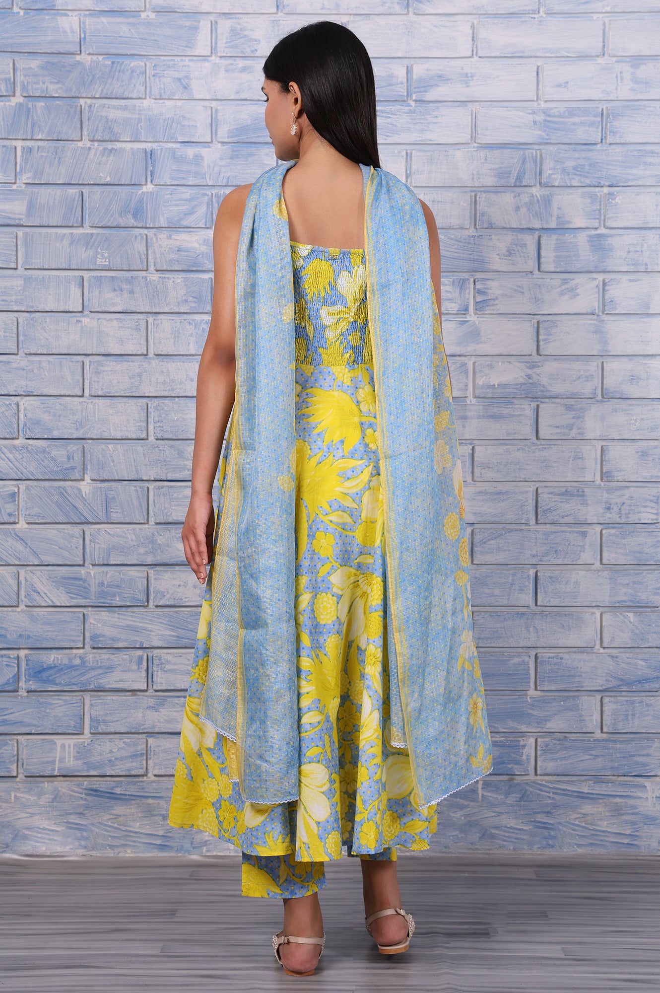 Blue Floral Printed Lace Pure Cotton Flared Kurta, Straight Pant And Dupatta Set