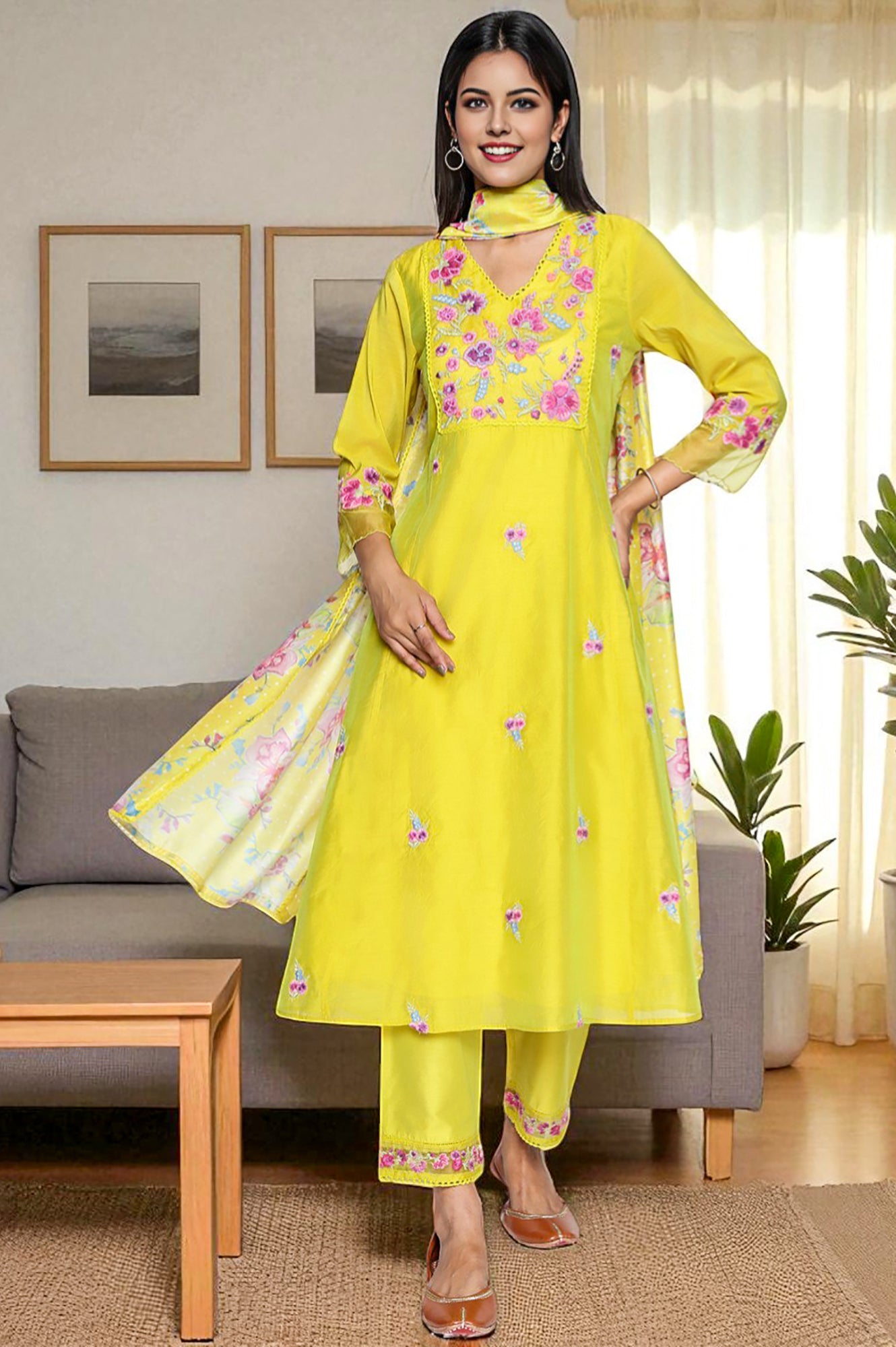 Yellow Floral Print Embroidered Flared Chanderi Kurta with Straight Pant and Dupatta Set