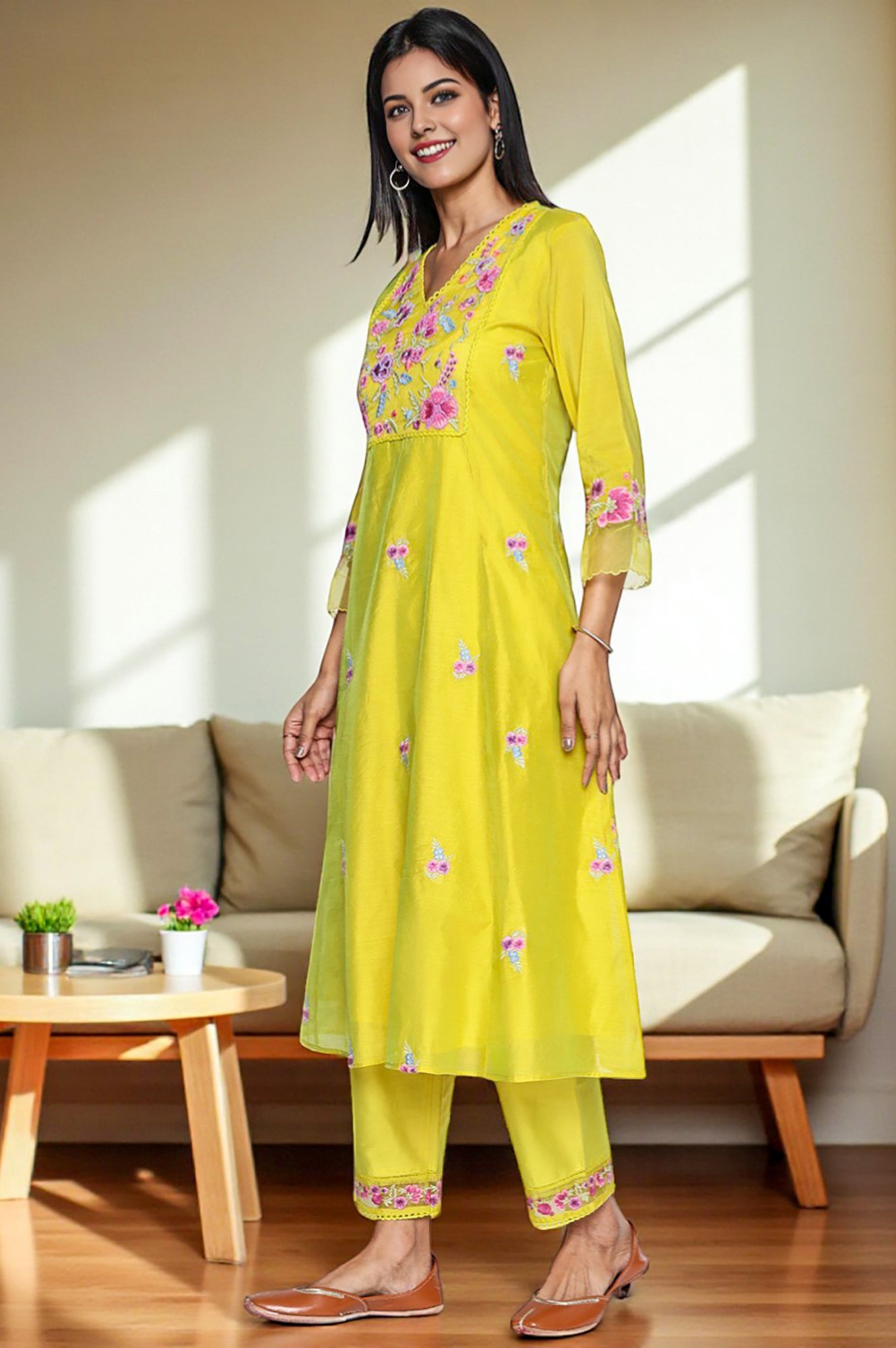 Yellow Floral Print Embroidered Flared Chanderi Kurta with Straight Pant and Dupatta Set