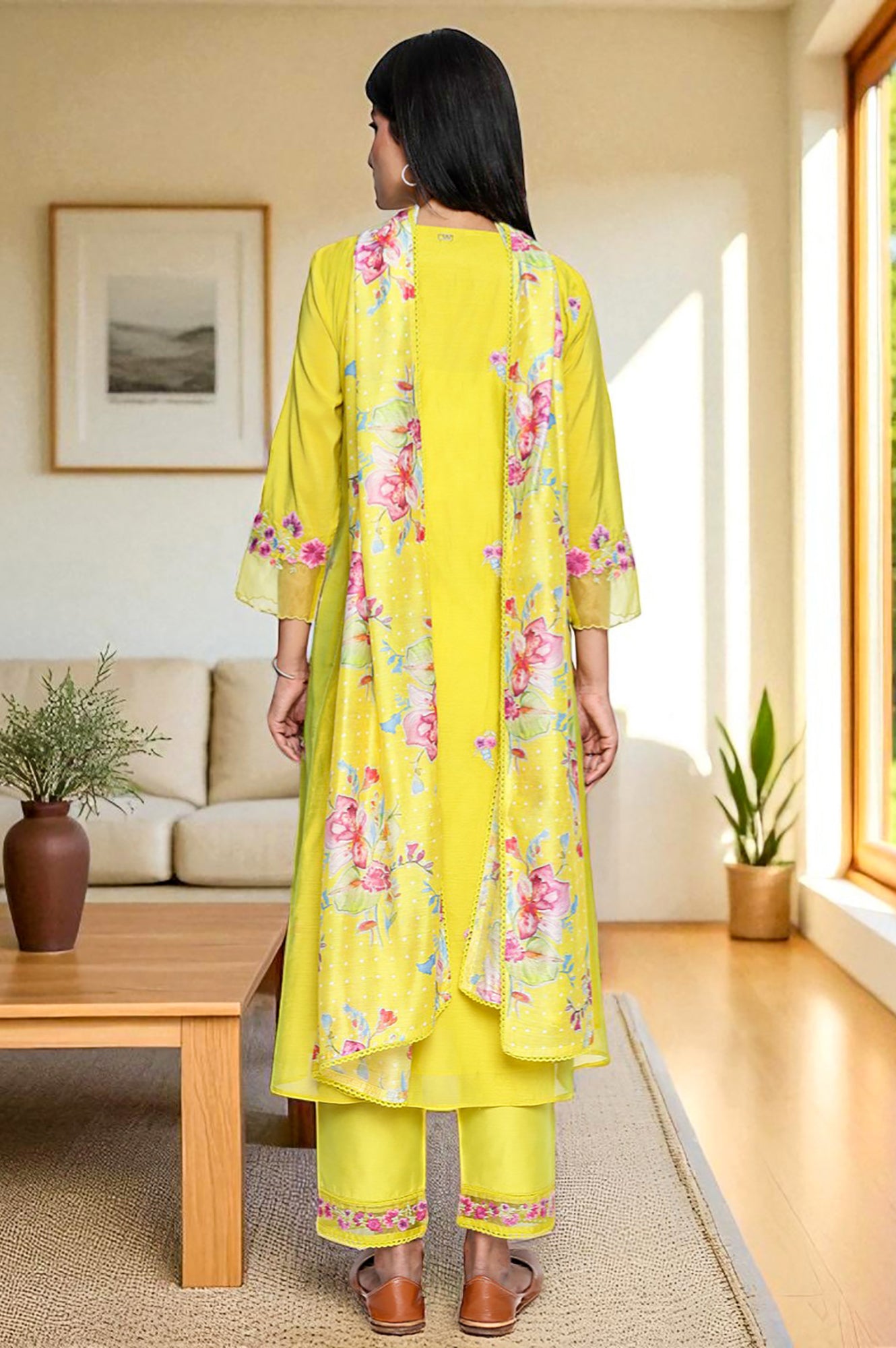 Yellow Floral Print Embroidered Flared Chanderi Kurta with Straight Pant and Dupatta Set