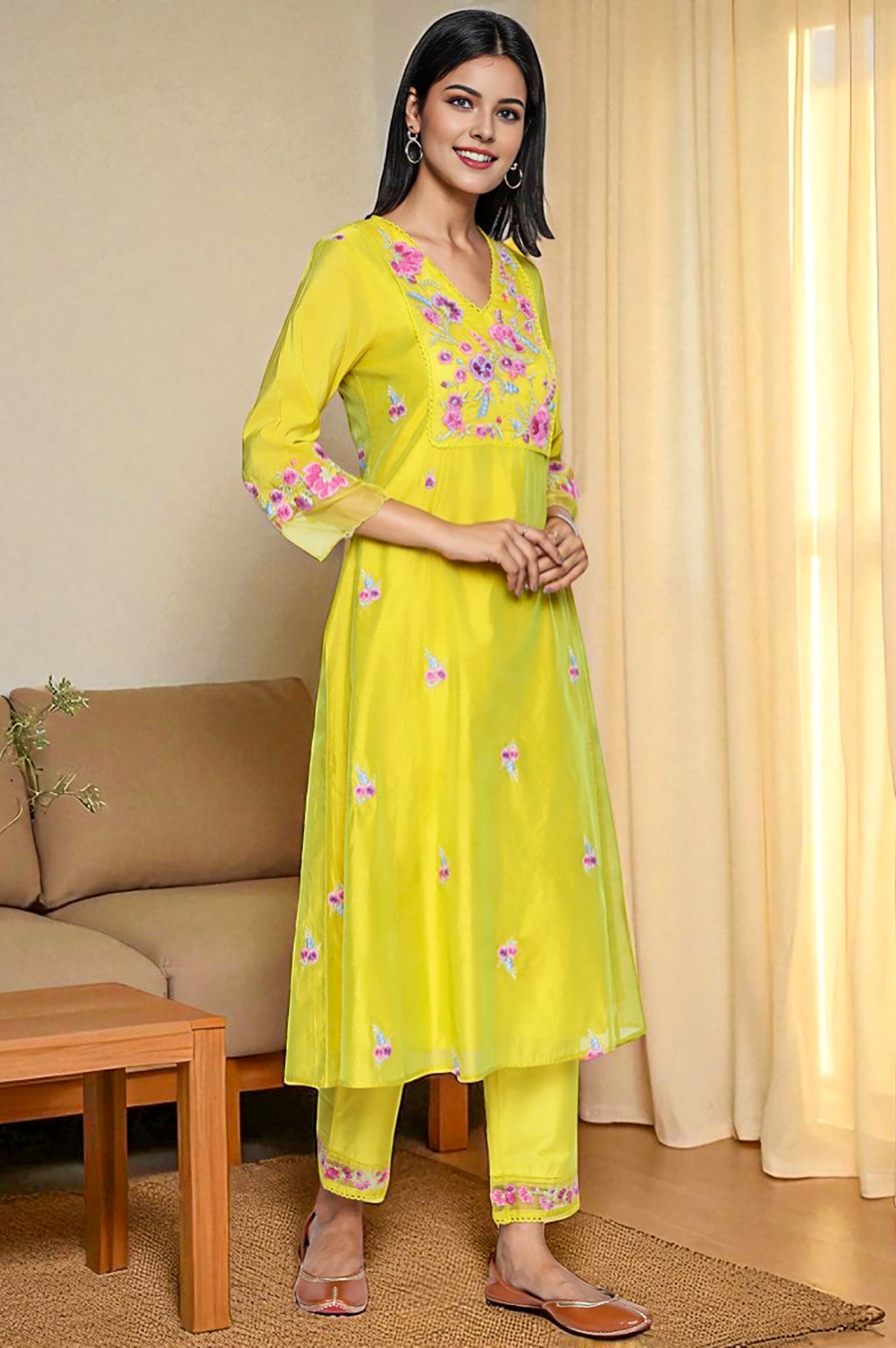 Yellow Floral Print Embroidered Flared Chanderi Kurta with Straight Pant and Dupatta Set