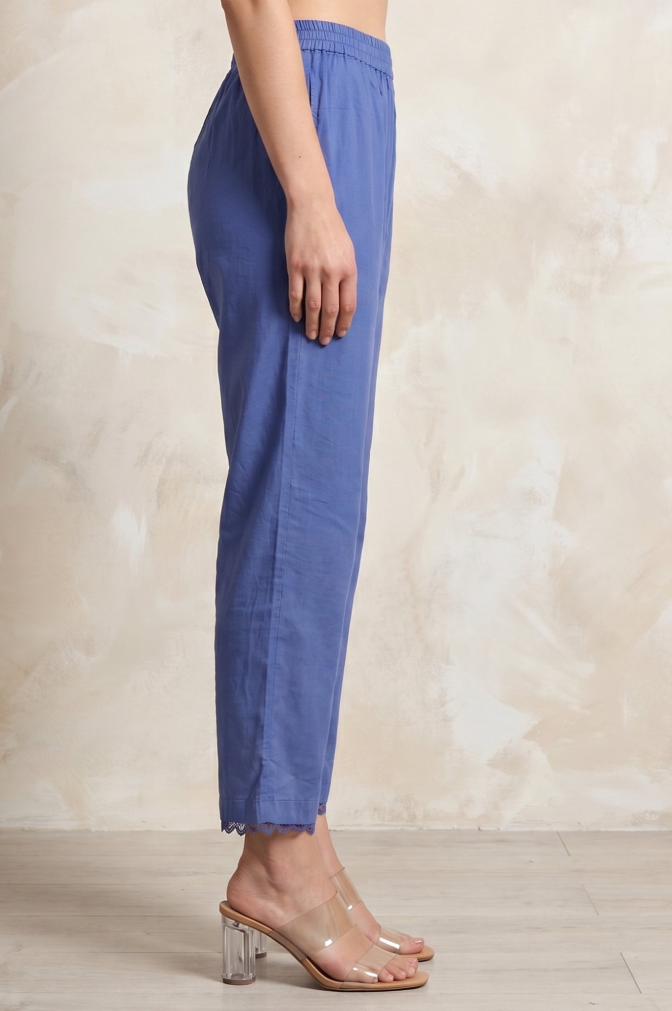 Blue Solid Lace Straight Fit Ankle Length Pants