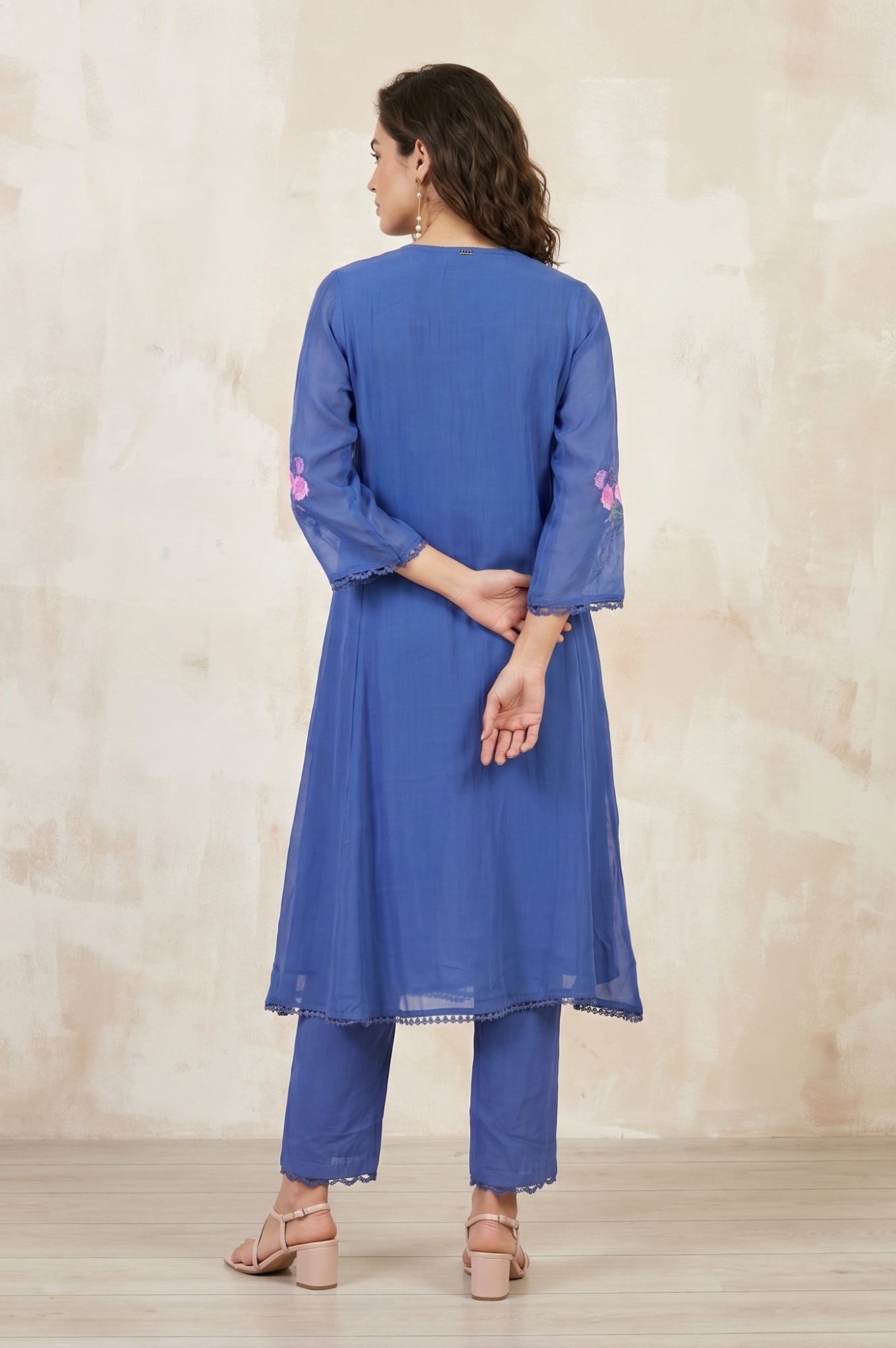 Blue Embroidered Organza Flared Kurta
