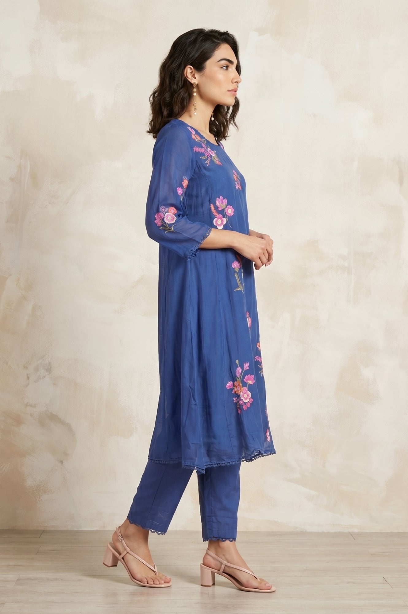 Blue Embroidered Organza Flared Kurta