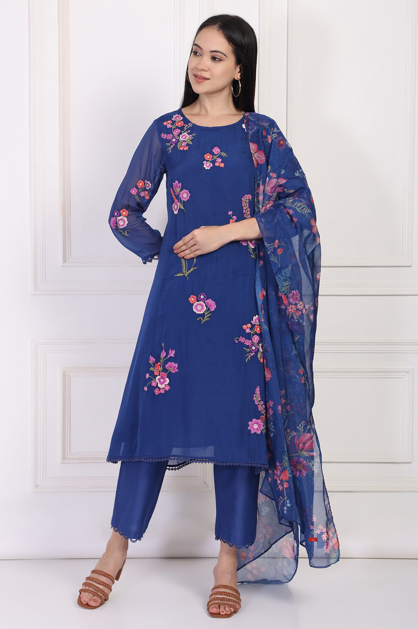 Blue Embroidered A-Line Organza Kurta with Straight Pant and Dupatta Set