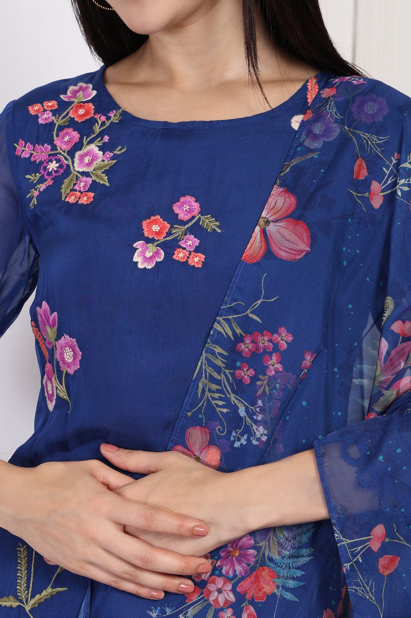 Blue Embroidered A-Line Organza Kurta with Straight Pant and Dupatta Set