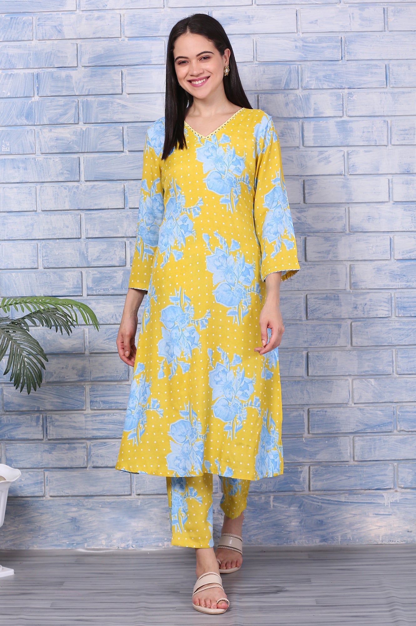 Yellow Floral Printed Lace Straight Kurta and Pants Co-ord Set