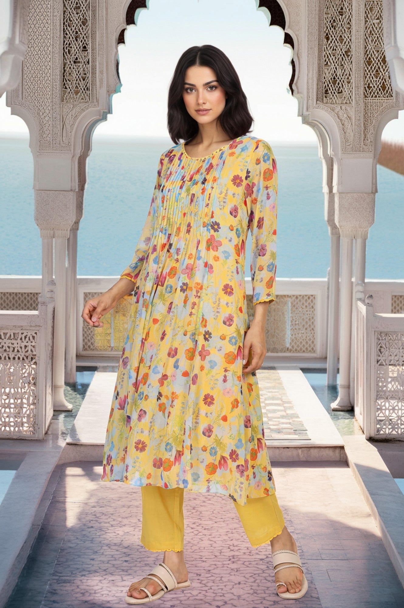 Yellow Floral Print Lace Trim Flared Chiffon Kurta with Pant and Dupatta Set