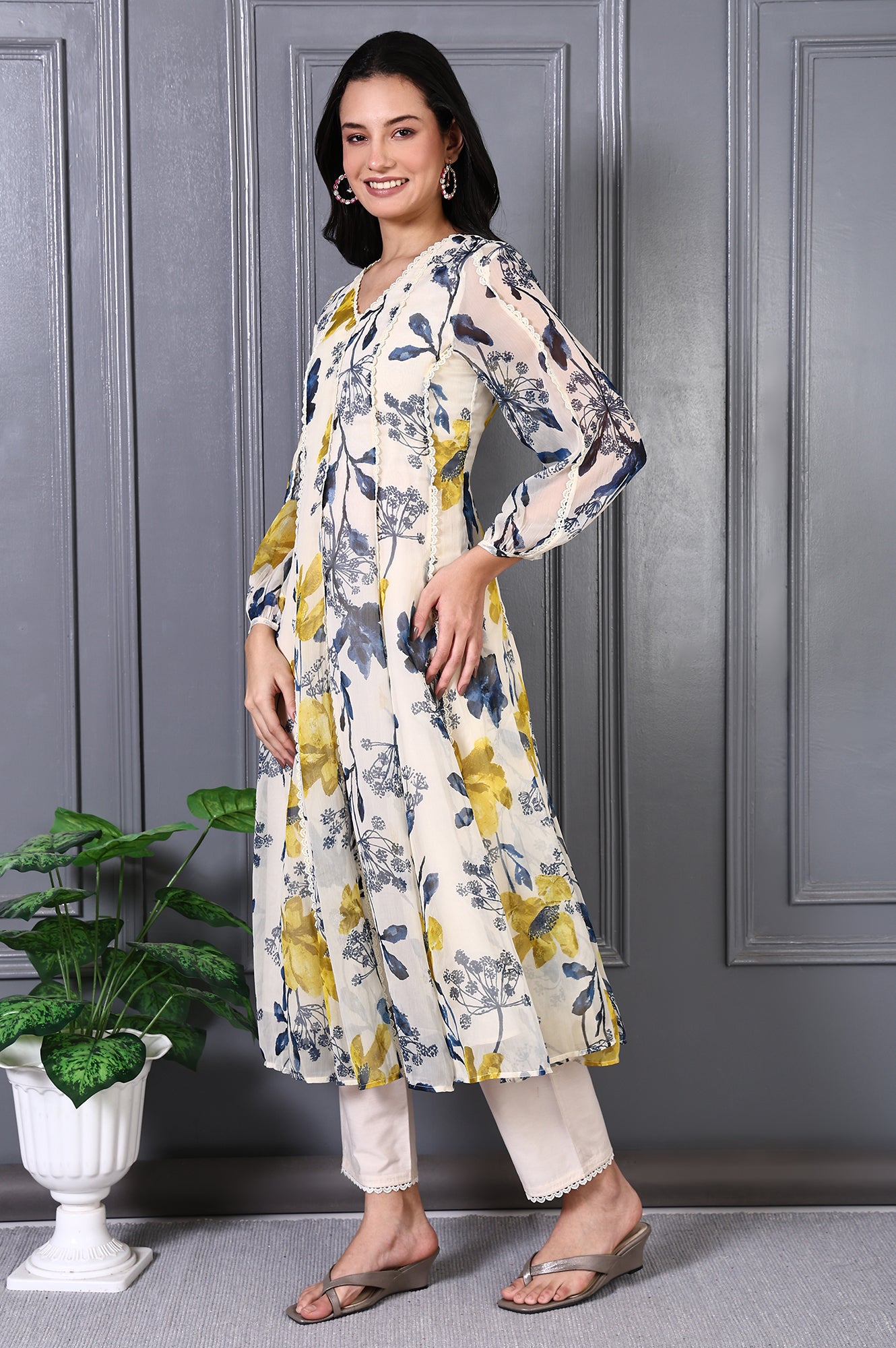 White Floral Printed Lace Chiffon Flared Kurta and Pants Set