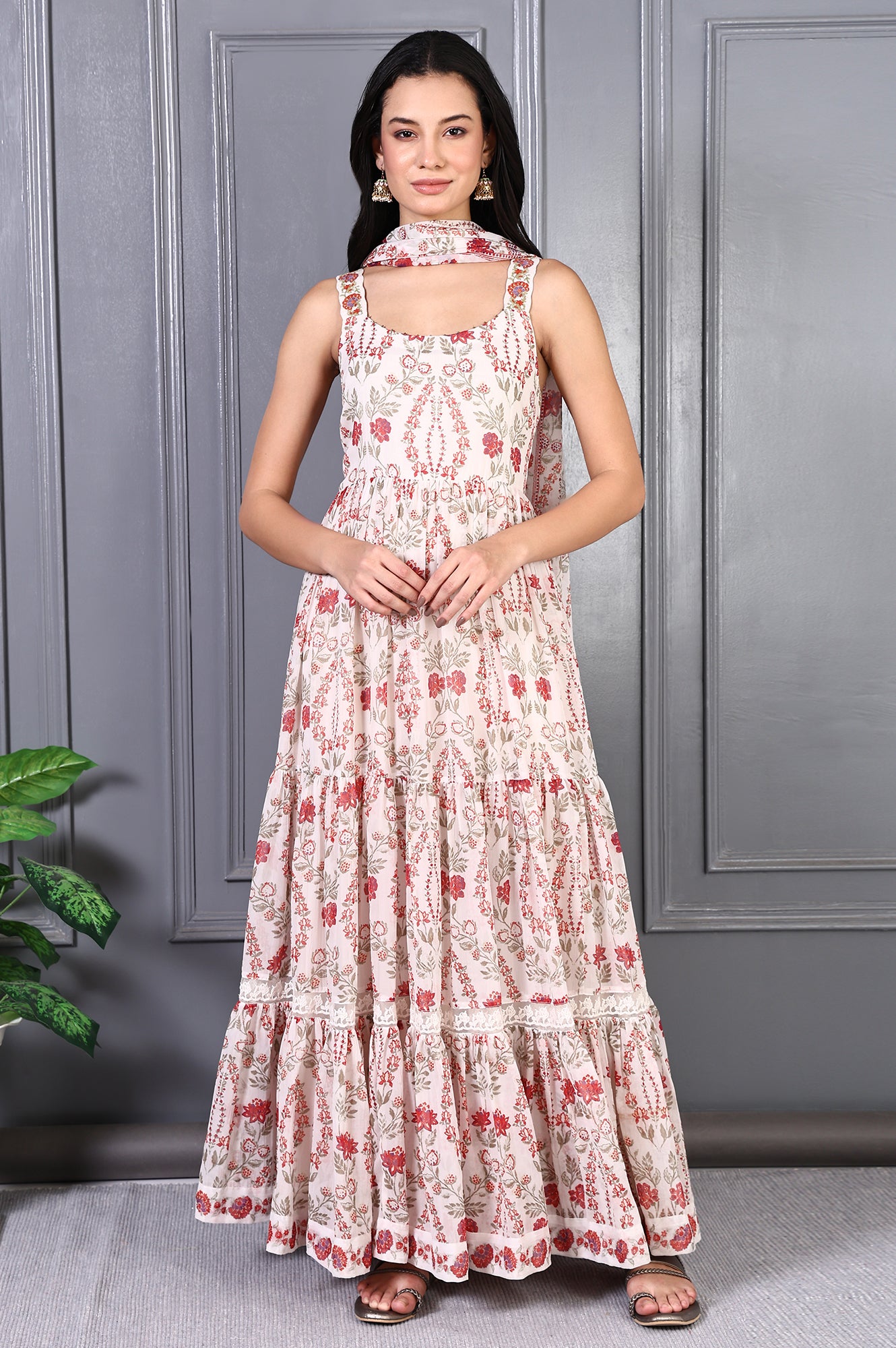 White Floral Printed Chiffon Flared Dress and Dupatta Set