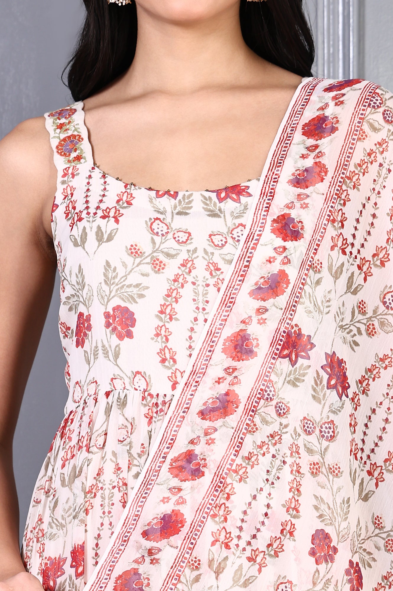 White Floral Printed Chiffon Flared Dress and Dupatta Set