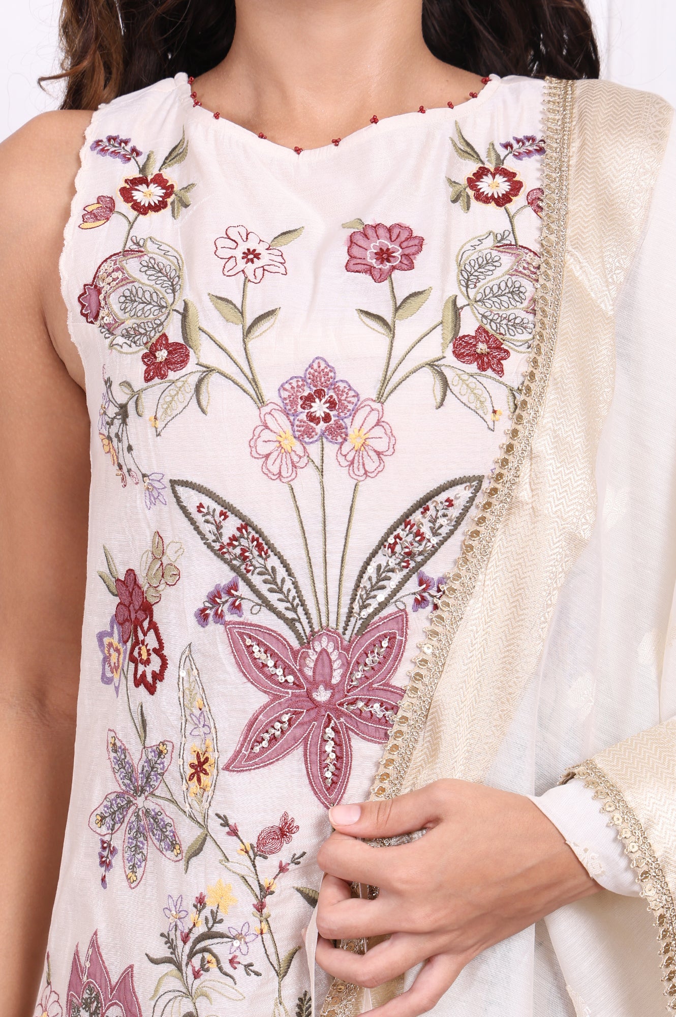 White Embroidered Straight Cotton Kurta with Flared Pant and Dupatta Set