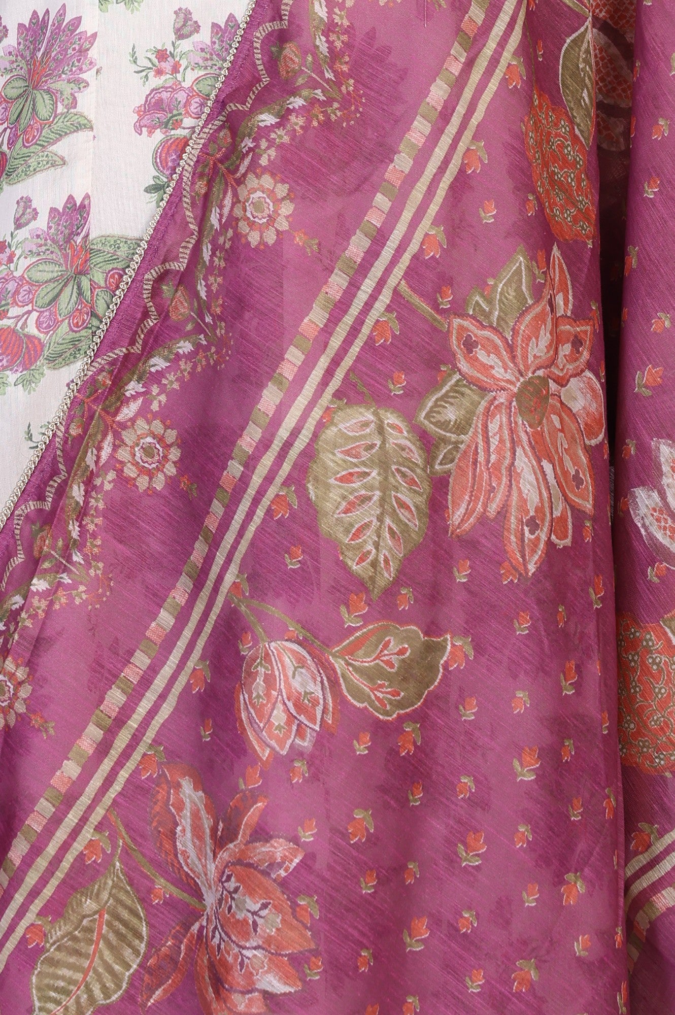 Beige Floral Print Sequined Flared Chanderi Kurta with Pant and Dupatta Set