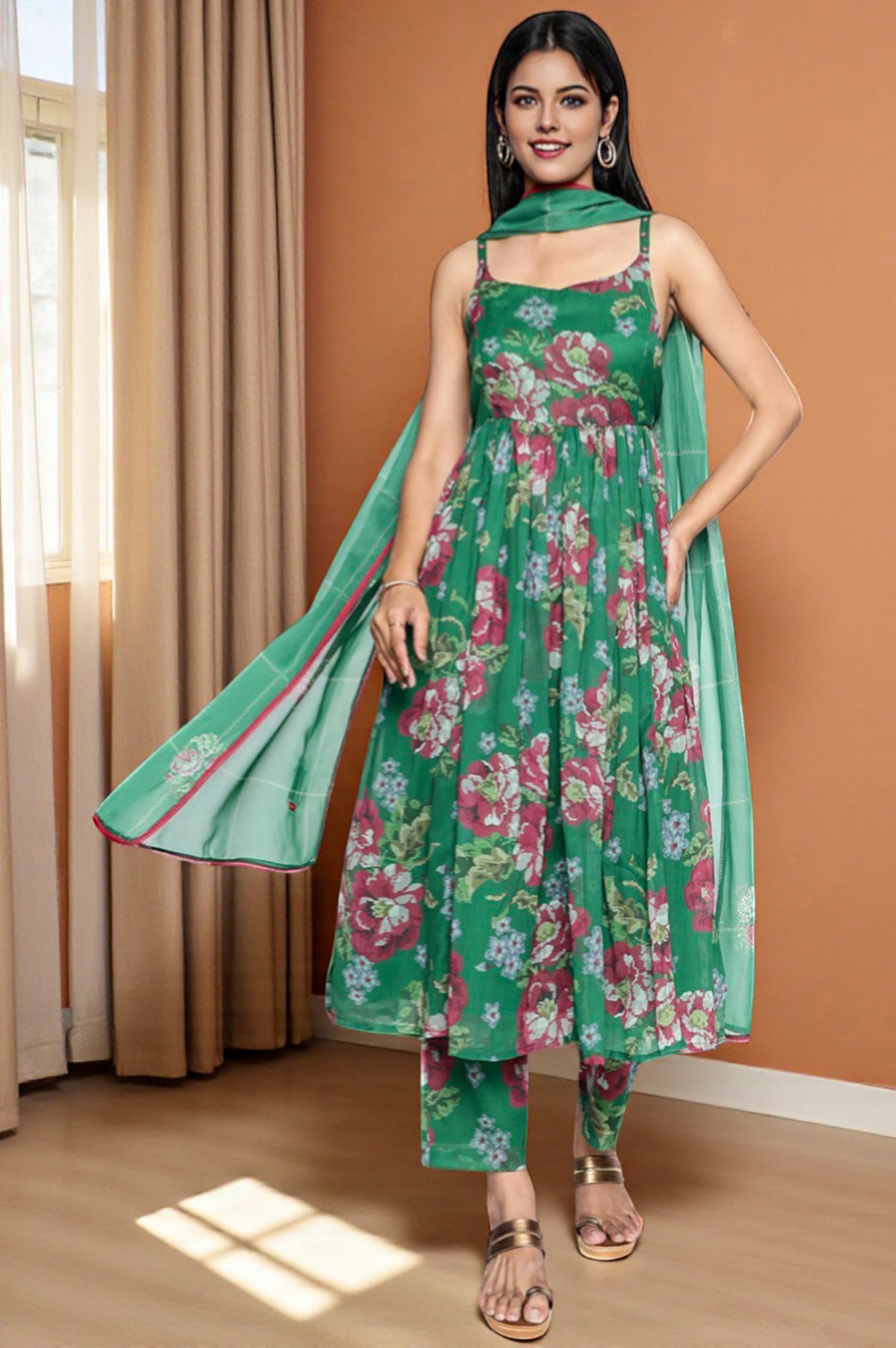 Green Printed Chiffon Flared Kurta, Straight Pant and Dupatta Set