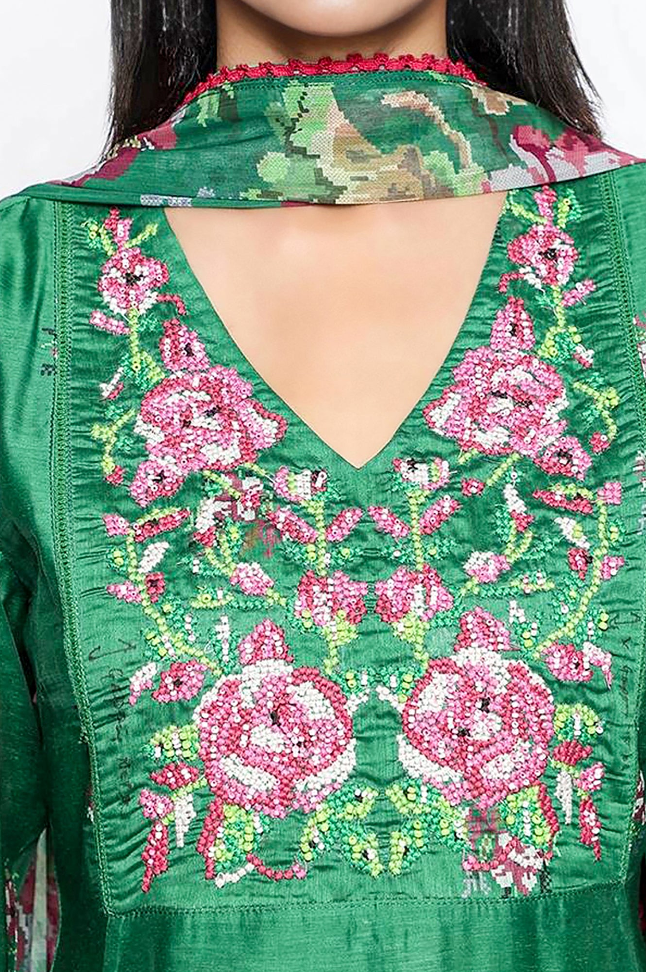 Green Printed Chanderi Flared Kurta, Straight Pant and Dupatta Set