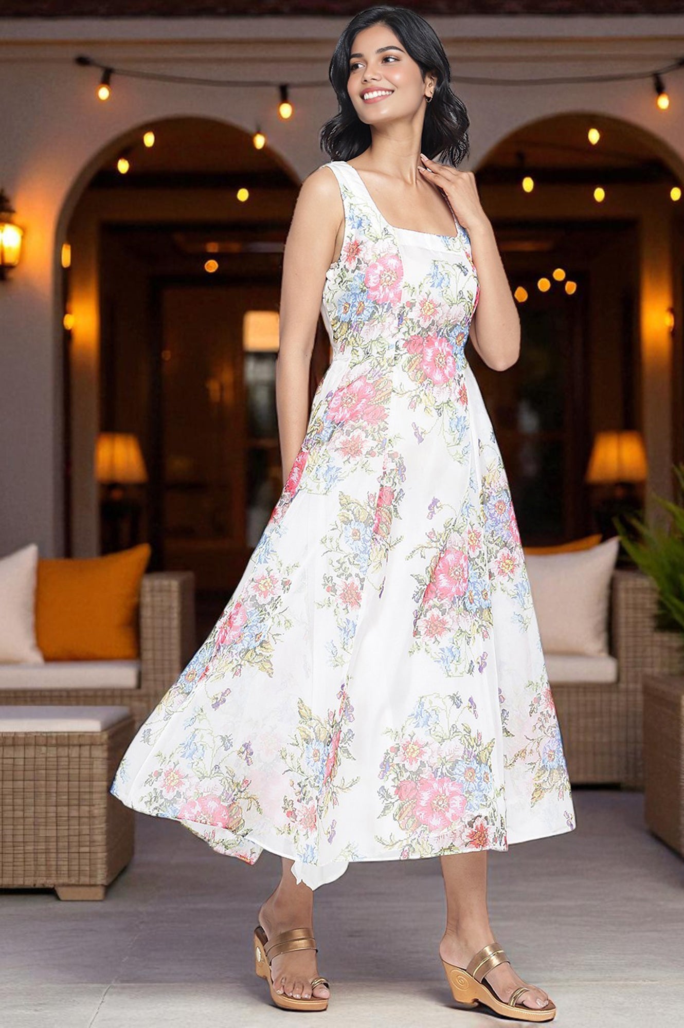 Ecru Printed Organza Flared Dress and Dupatta Set