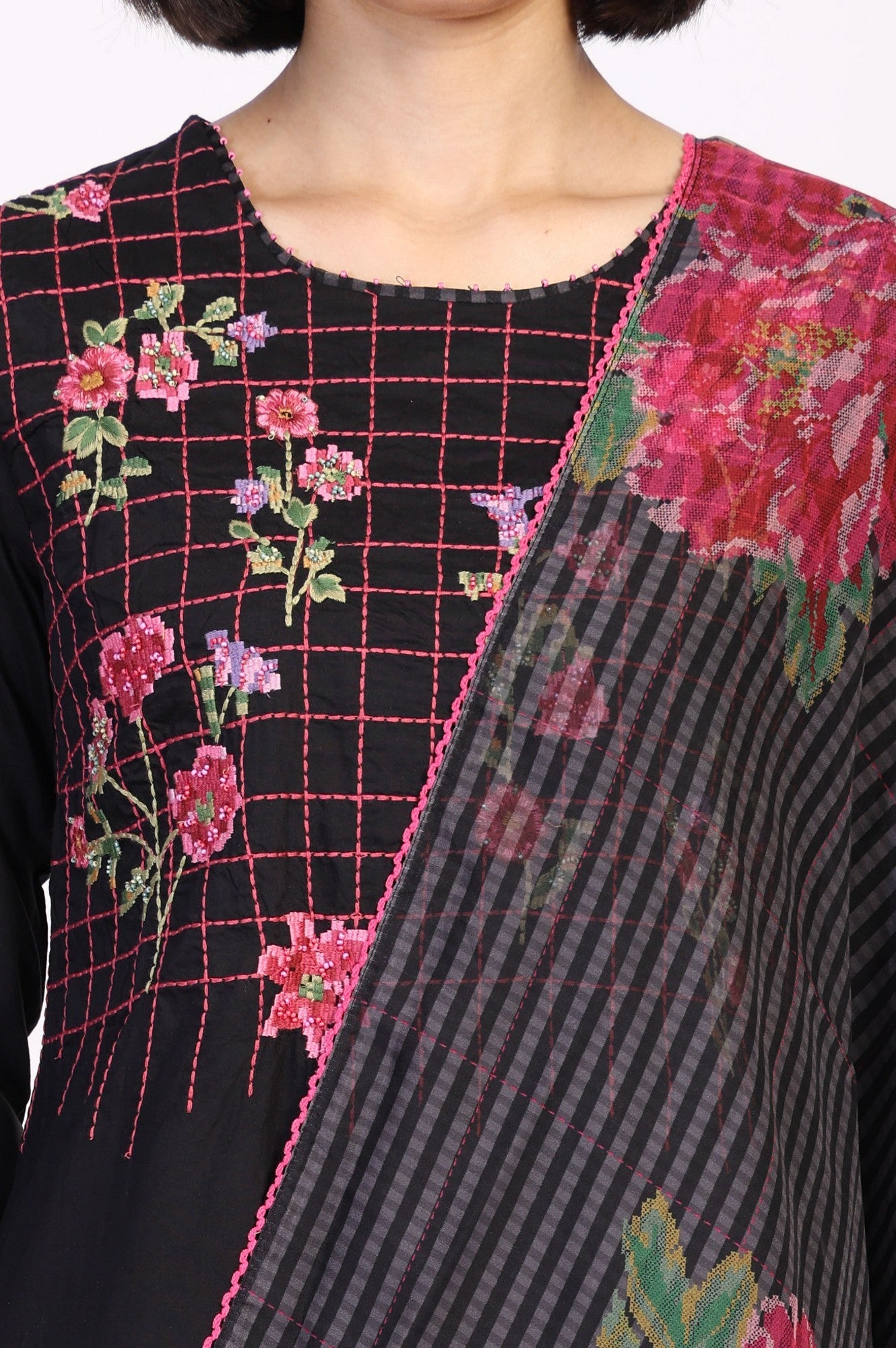 Black Floral Print Embroidered Straight Kurta with Pant and Dupatta Set