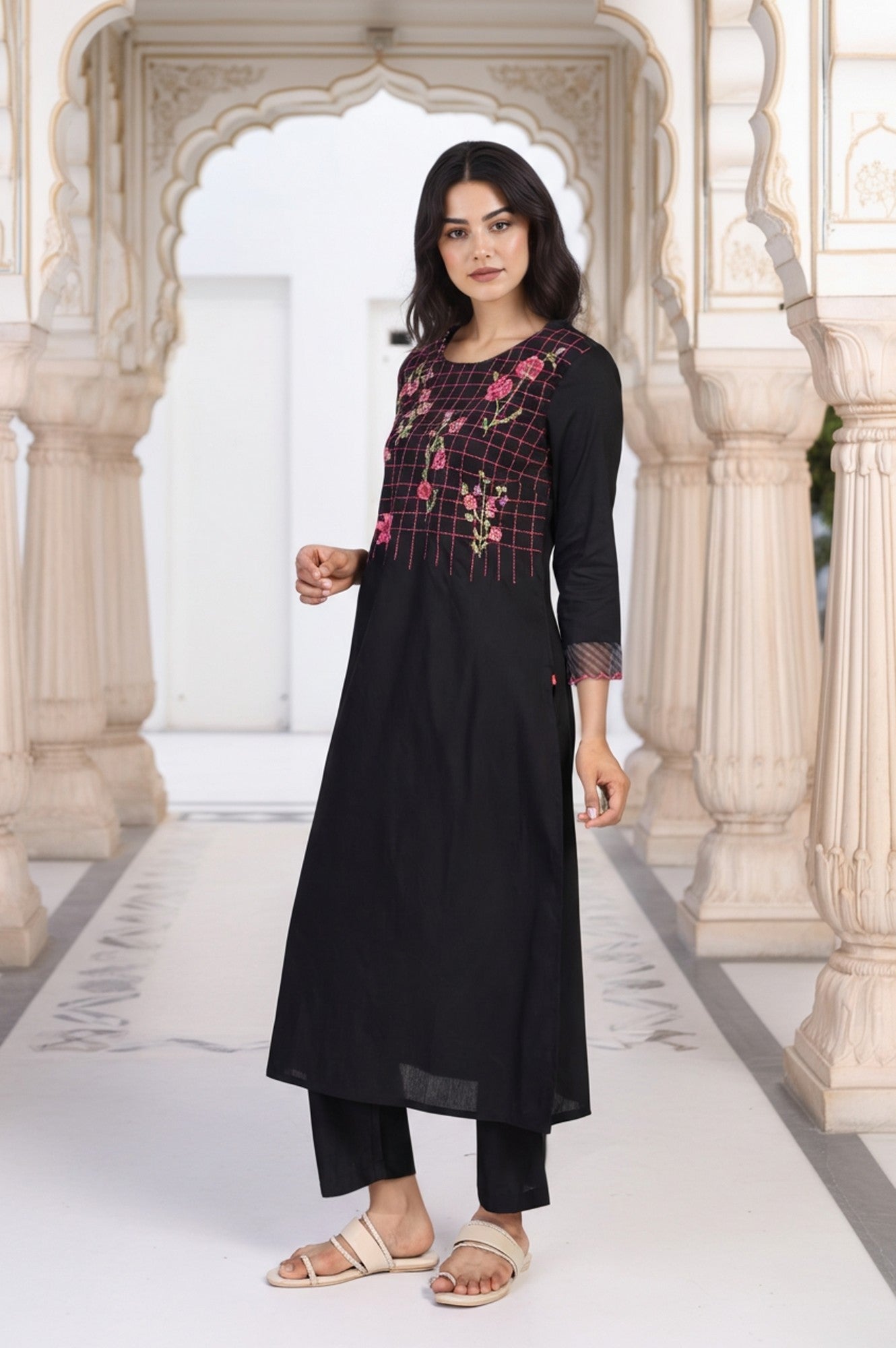 Black Floral Print Embroidered Straight Kurta with Pant and Dupatta Set