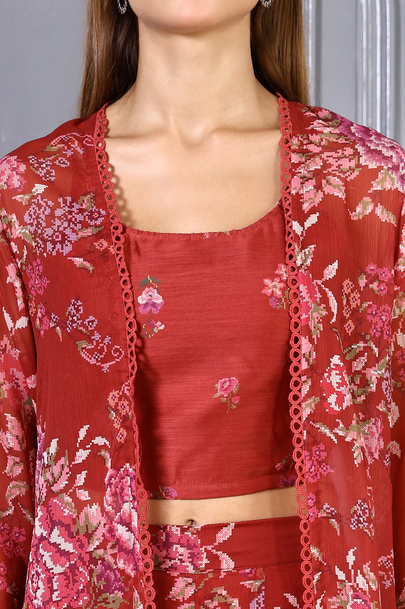 Red Floral Printed Lace Chiffon Crop Spaghetti Top, Jacket and Flared Pants Set