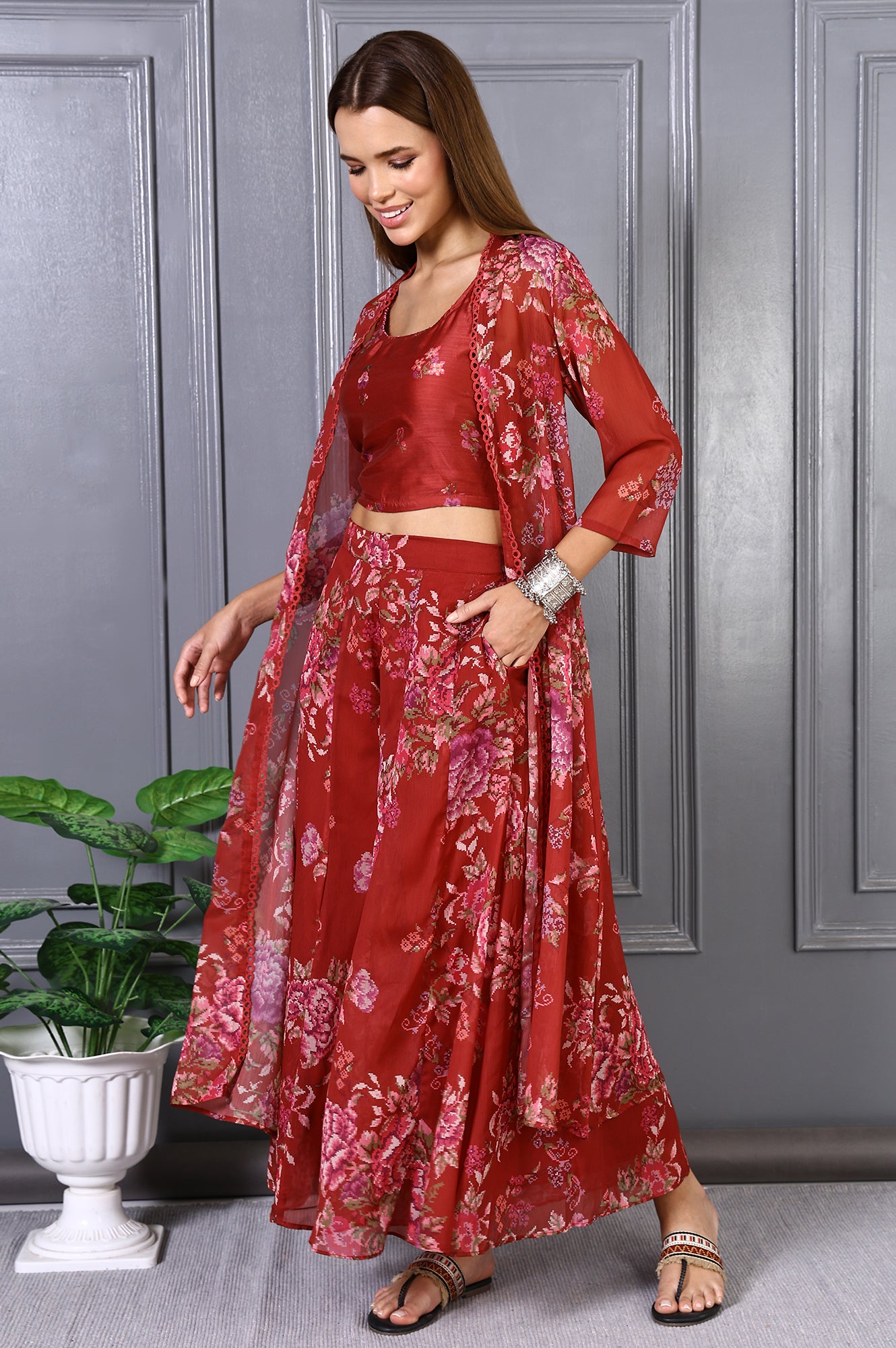Red Floral Printed Lace Chiffon Crop Spaghetti Top, Jacket and Flared Pants Set