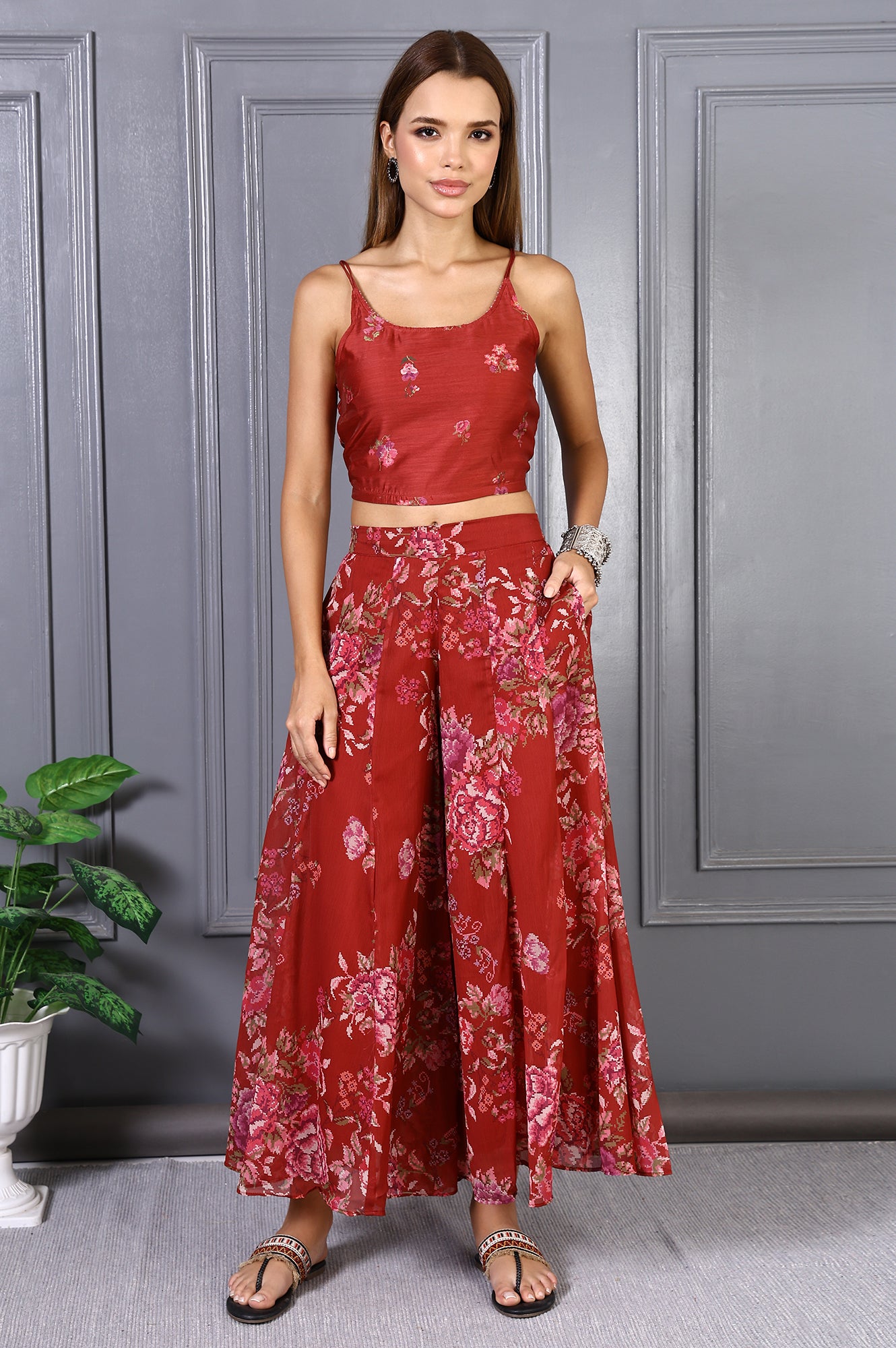 Red Floral Printed Lace Chiffon Crop Spaghetti Top, Jacket and Flared Pants Set