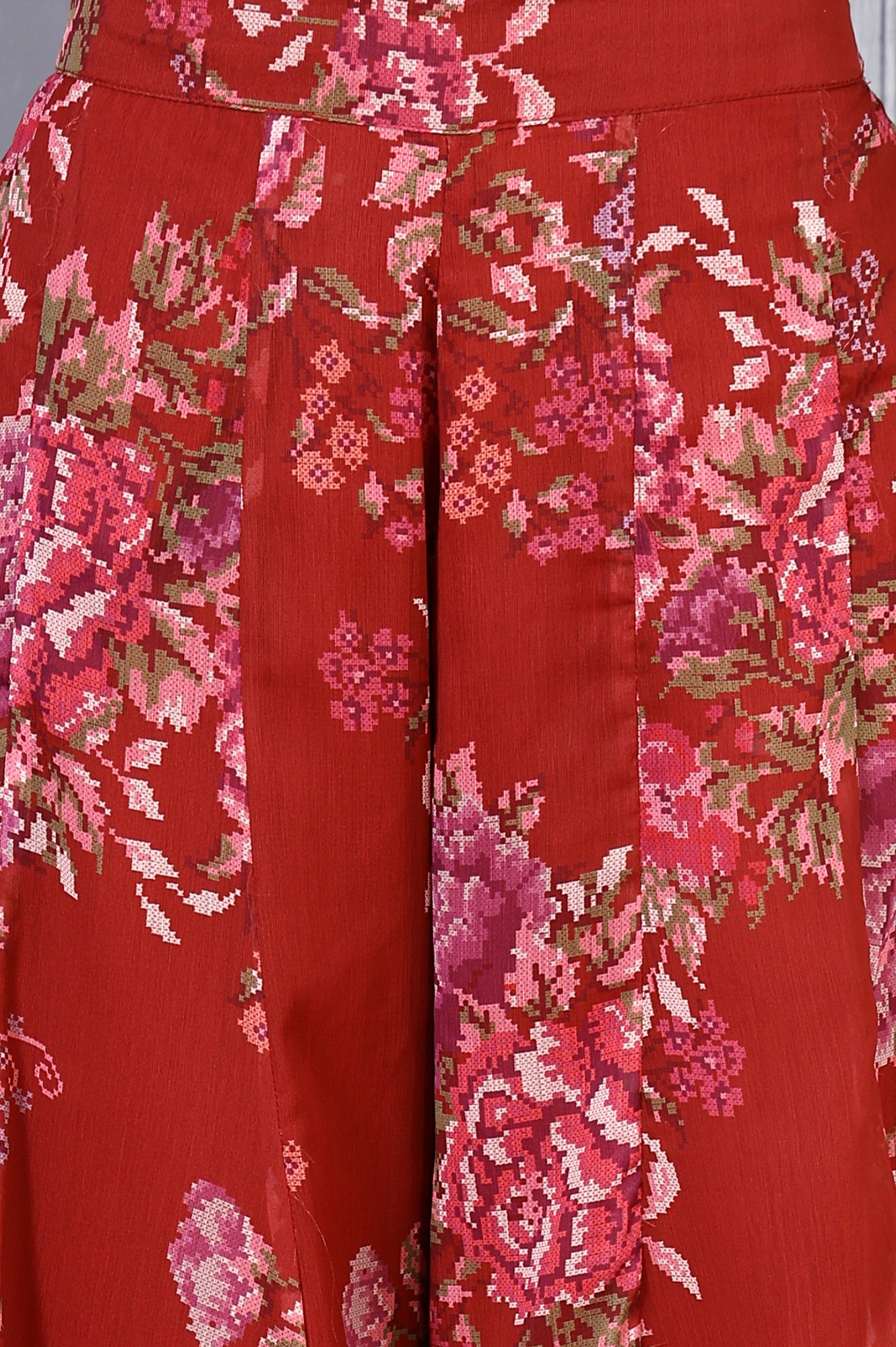 Red Floral Printed Lace Chiffon Crop Spaghetti Top, Jacket and Flared Pants Set