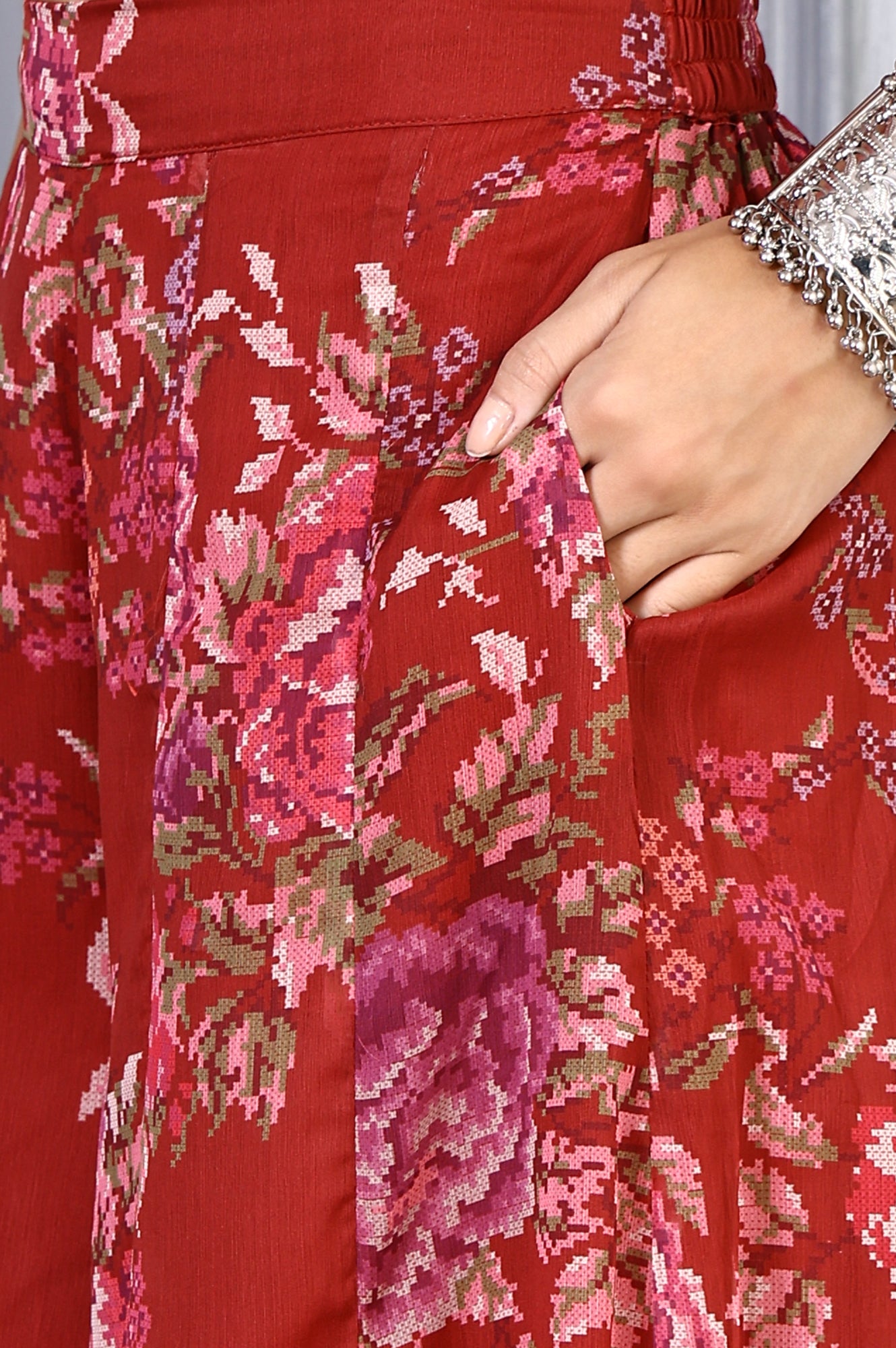 Red Floral Printed Lace Chiffon Crop Spaghetti Top, Jacket and Flared Pants Set