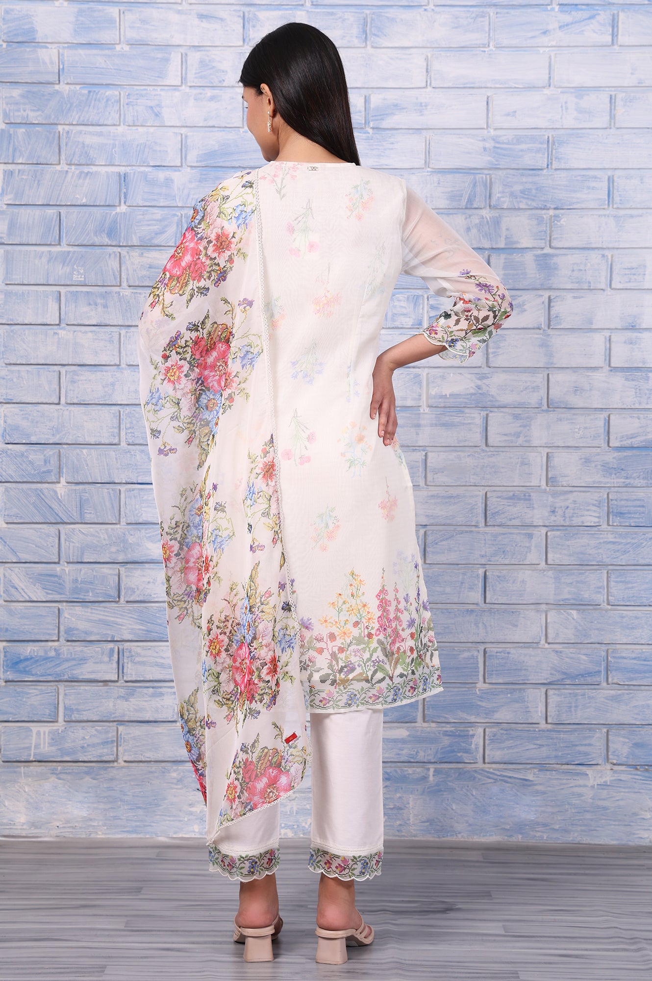 White Floral Printed Beads Organza Straight Kurta, Straight Pant And Dupatta Set
