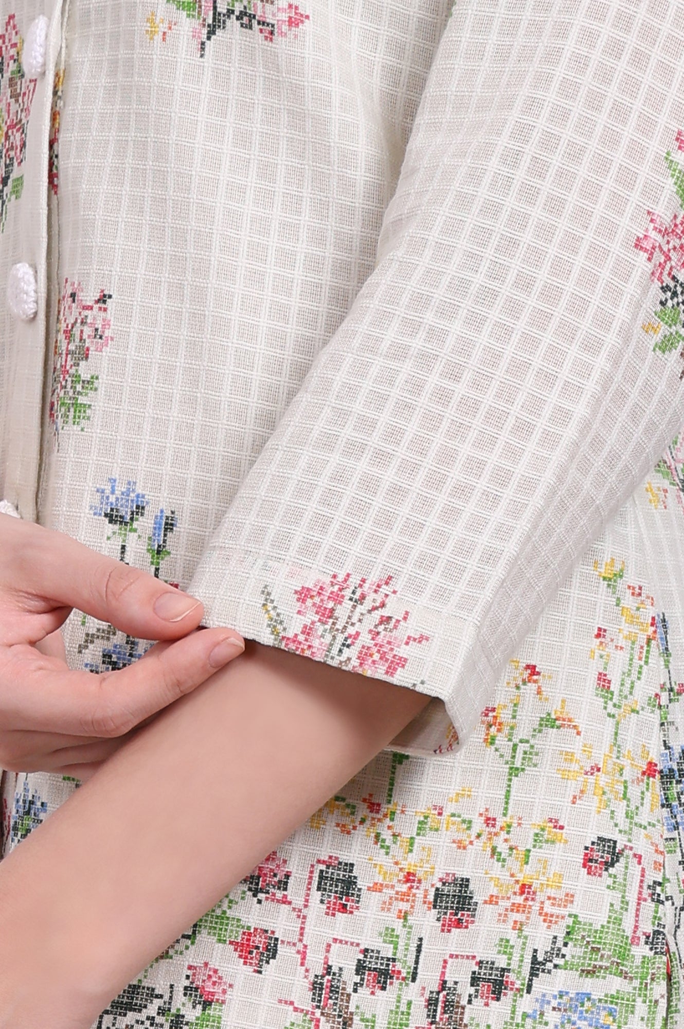 White Floral Printed Checker Pure Cotton Shirt and Pants Co-ord Set