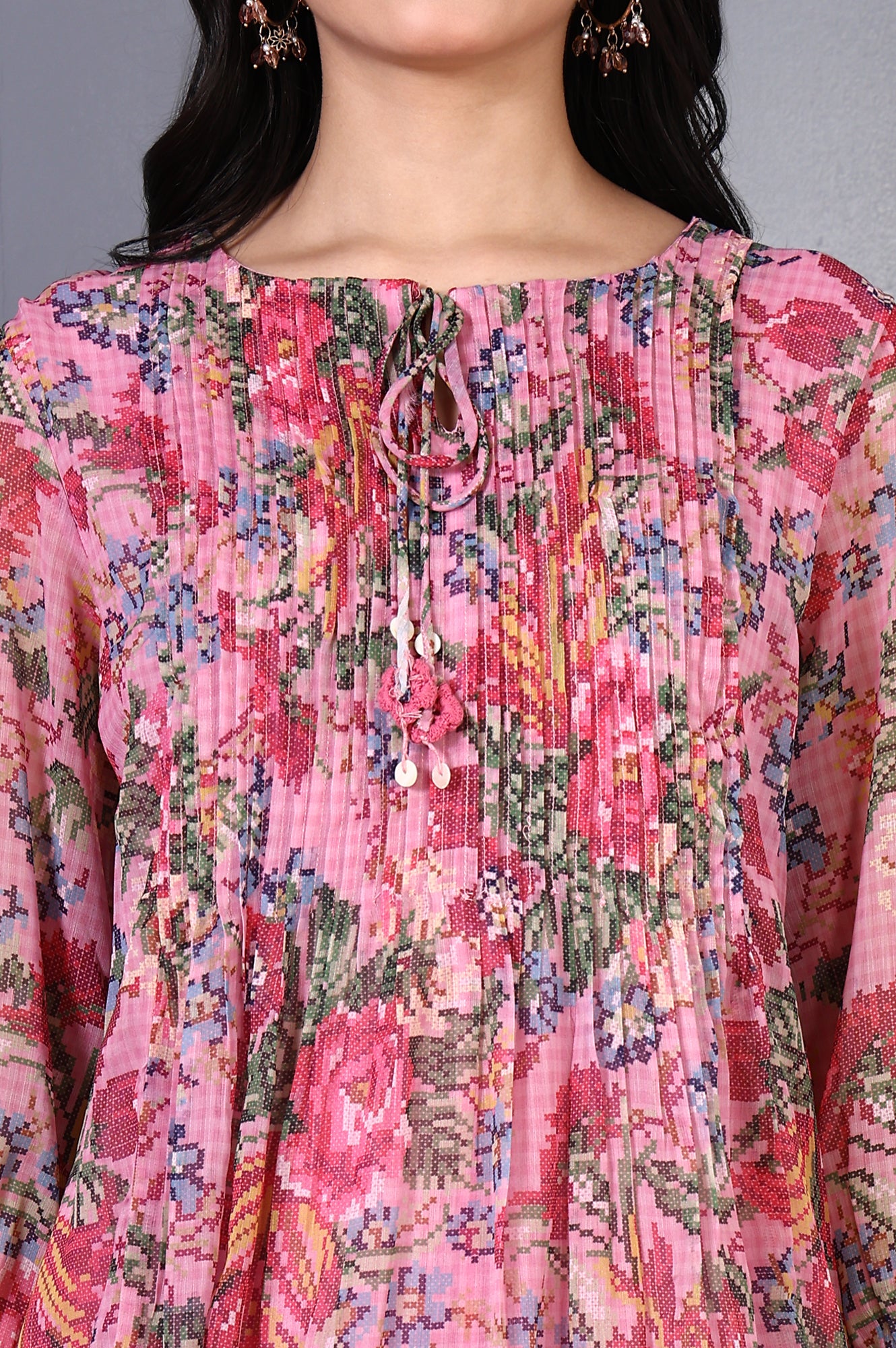 Pink Floral Printed Pintuck Yoke Chiffon Straight Kurta and Pants Co-ord Set