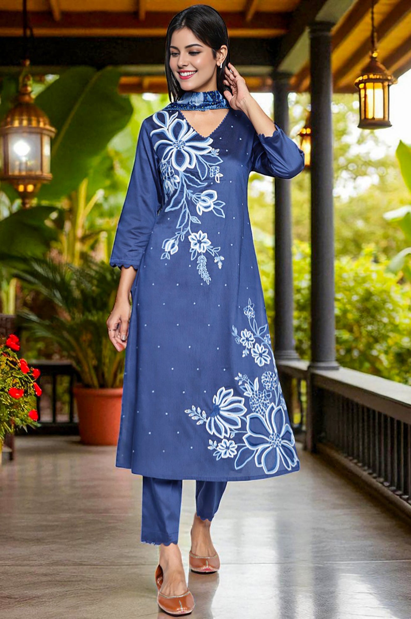 Dark Blue Solid Printed A-Line Kurta, Straight Pant and Dupatta Set