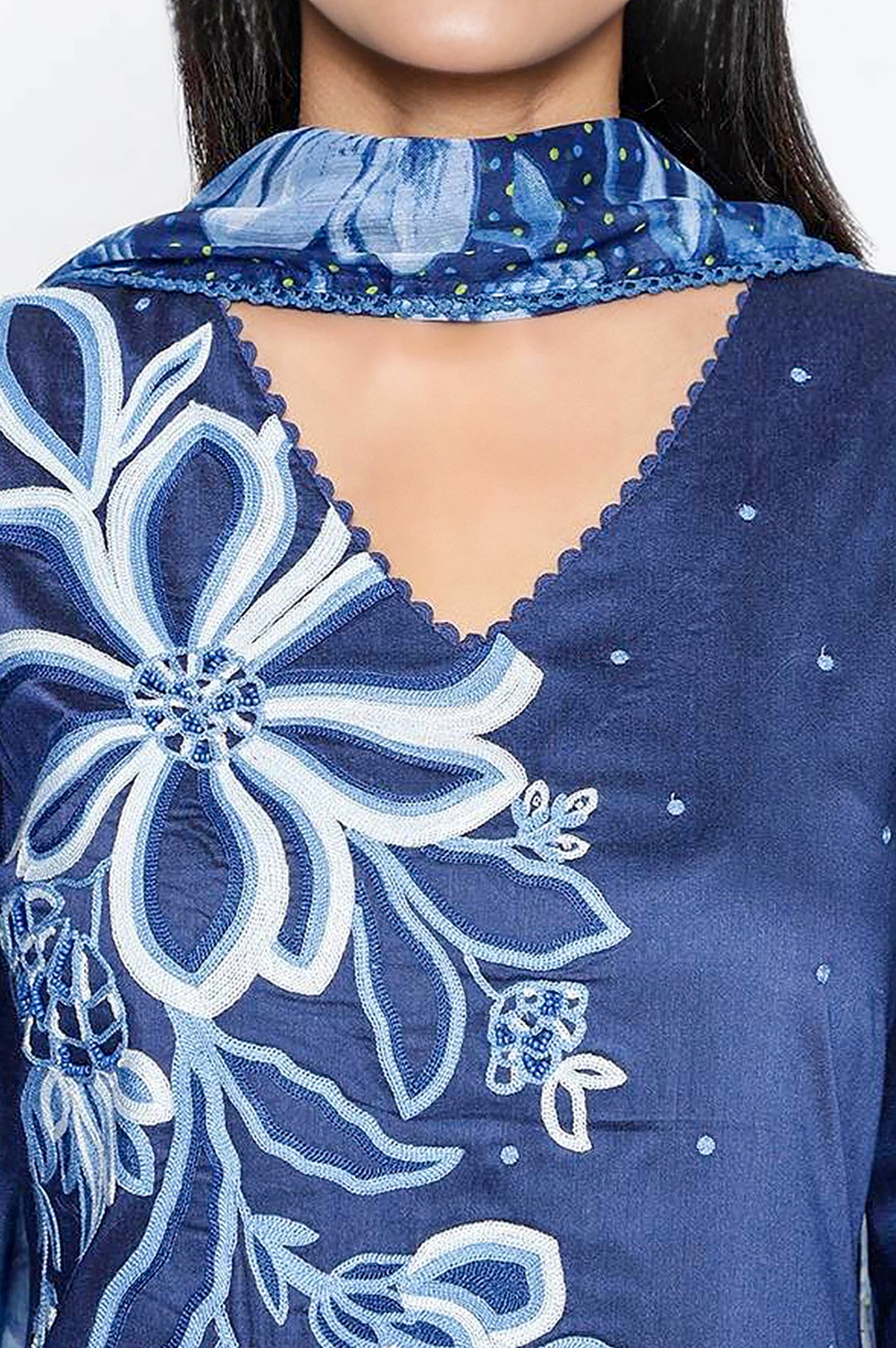 Dark Blue Solid Printed A-Line Kurta, Straight Pant and Dupatta Set